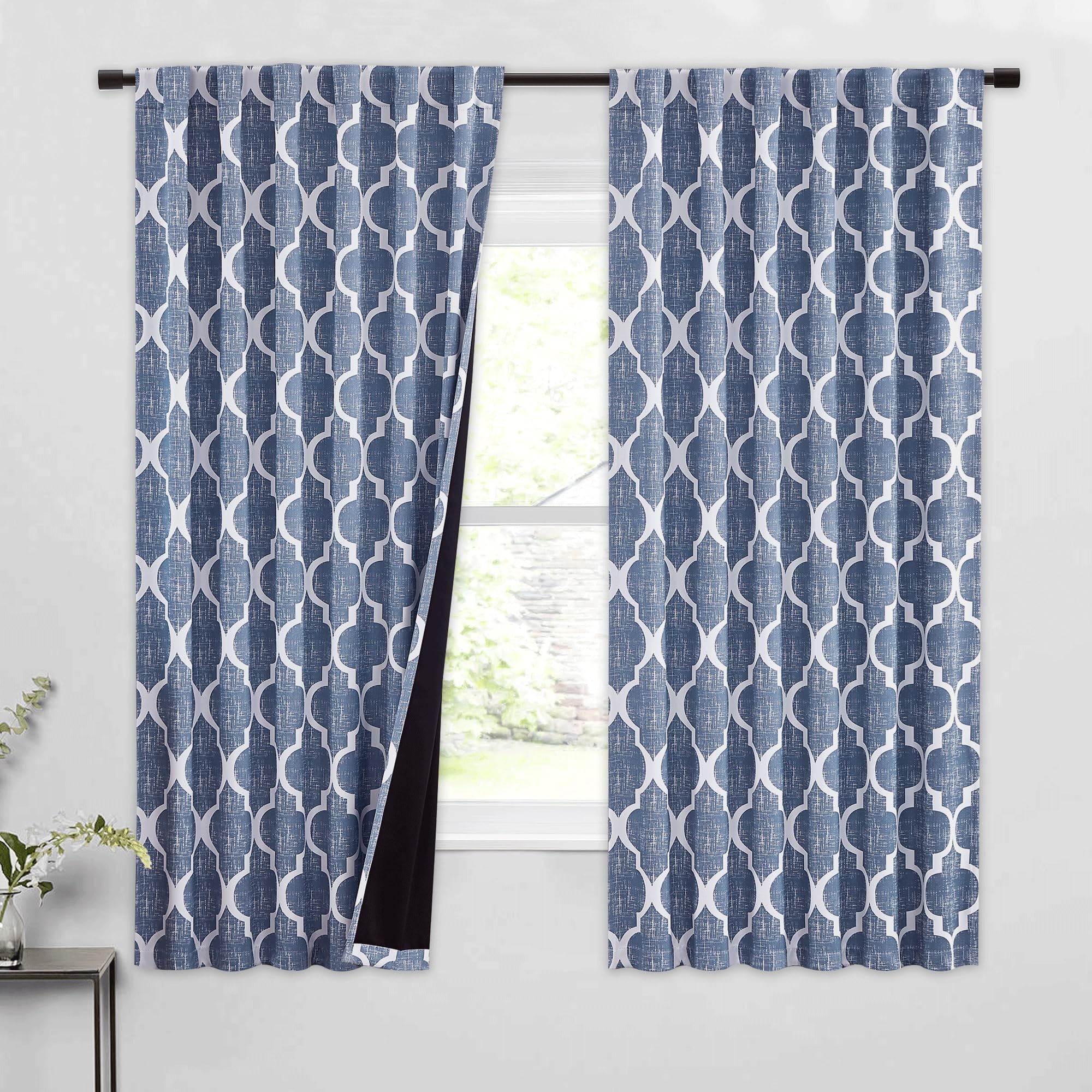 Beauoop 100% Blackout Curtains 63 Inches Long 2 Panels for Bedroom Living Room Blue Moroccan Geo Room Darkening Thermal Insulated Soundproof Rod