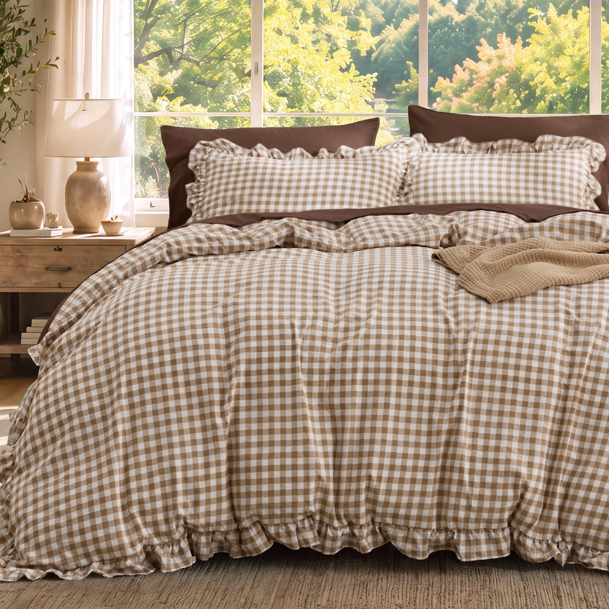 Bedsure Brown Gingham Ruffle Duvet Cover Set, Cotton-Like Quilt Cover, Full