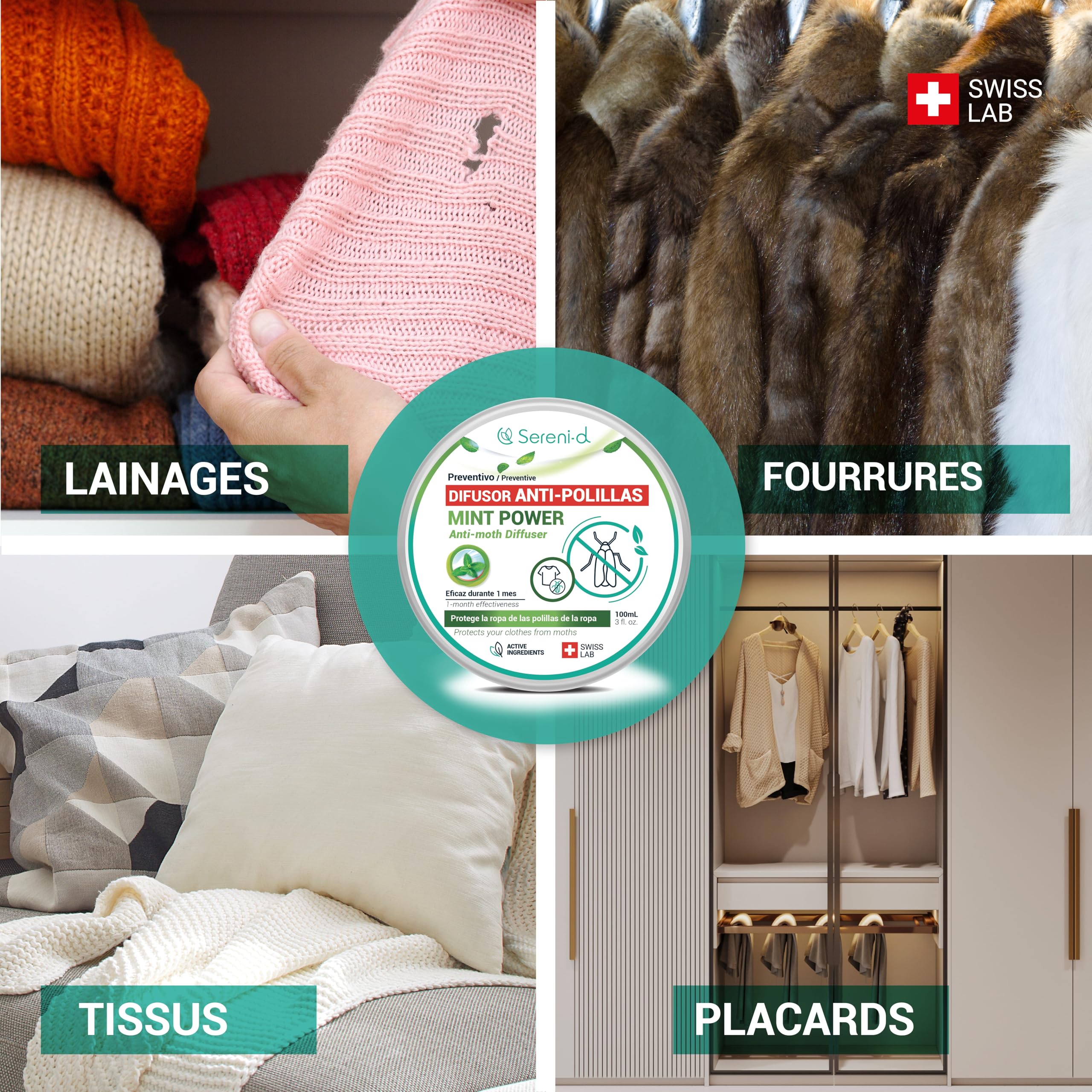 SERENI-D Diffuseur ANTI-MITES Textiles MINTPOWER - Protection répulsive des Vêtements, Lainages et Fourrures - Parfum Menthe - Action immédiate et protège les placards des nouvelles infestations