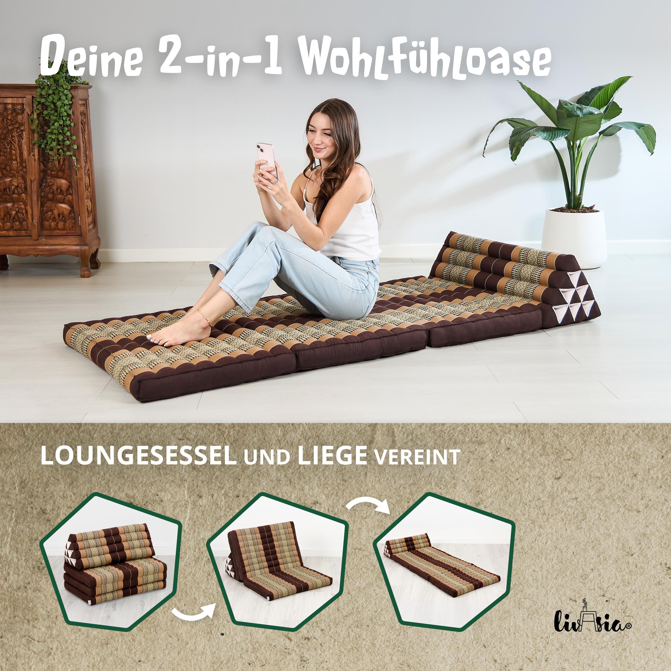 livasia Thaikissen 3 Auflagen für Paare XXL - 190x80x8cm - Dreieckskissen Klappmatratze, extrabreit Kapok, Rückenkissen faltbar, Thaimatte zum Klappen, Meditationskissen (Braun)