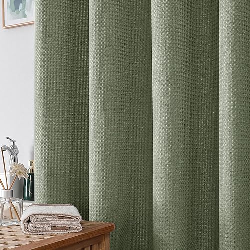 Miniatura 7 de OWENIE Cortina de ducha verde salvia, cortinas de ducha de tela pesada con tejido de gofre pequeño para baño de tamaño estrecho, impermeable, suave,