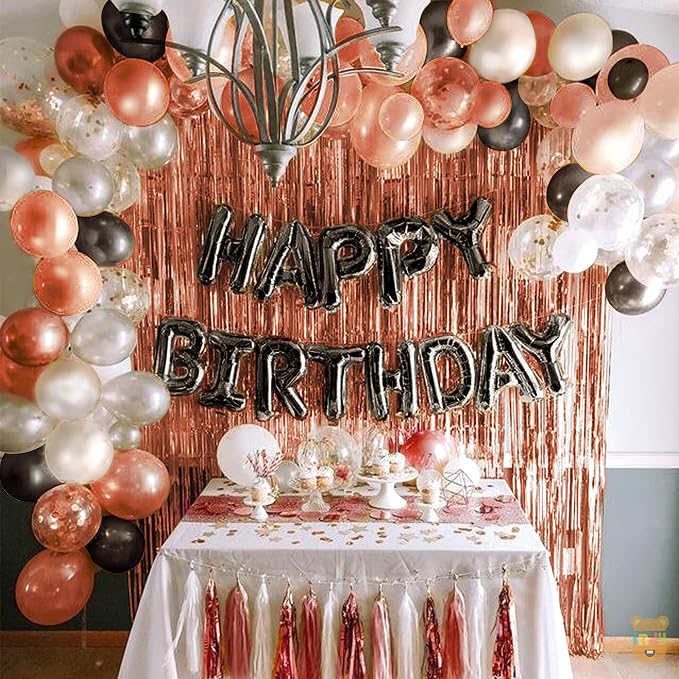 Just Party Set of 60 Pcs Happy Birthday Decoration Kit Combo -Black Happy Birthday Letters , Rose Gold Curtains , Black RoseGold & Silver Metallic Foil Balloons Theme Backdrop