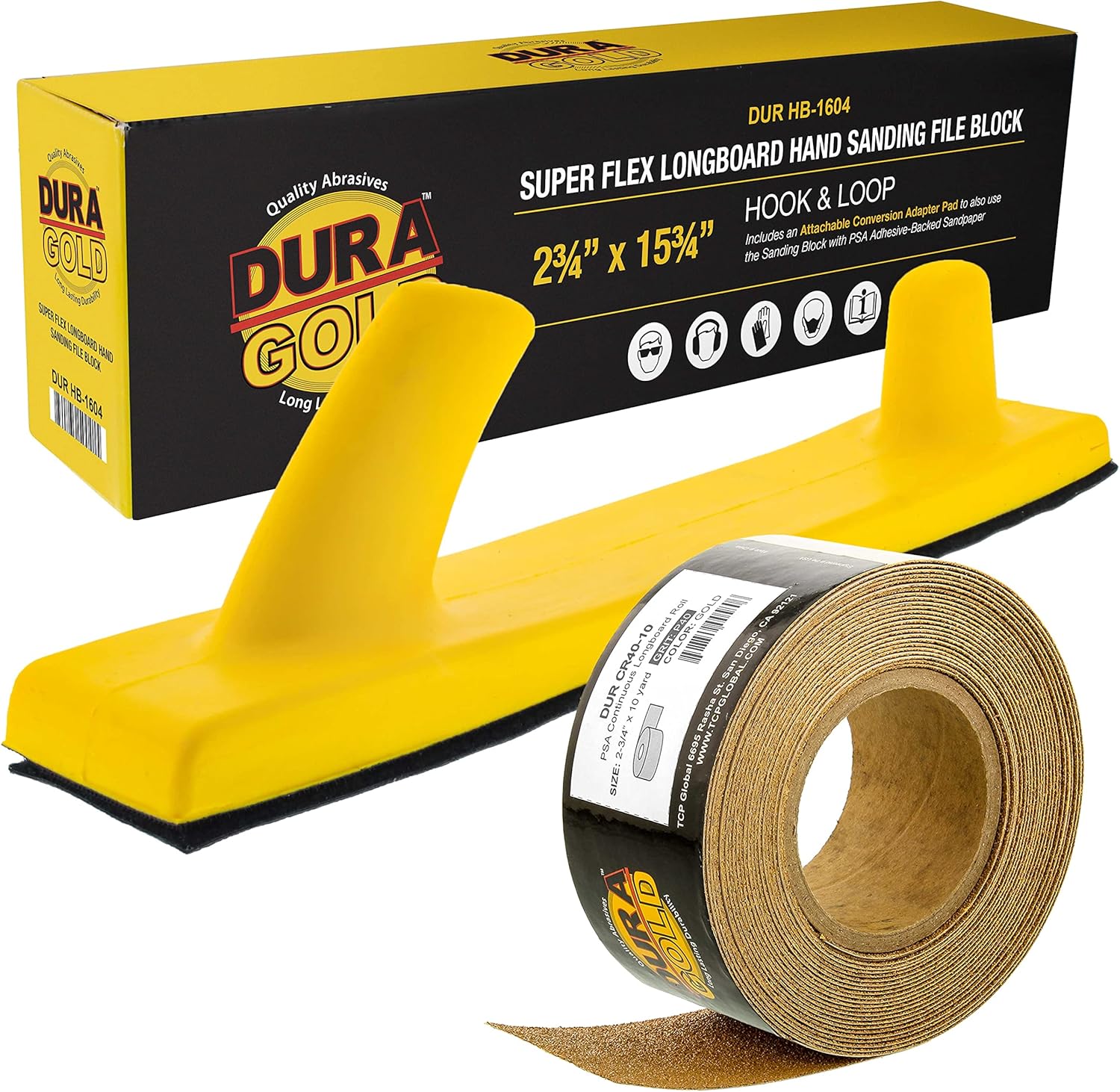 Dura-Gold Pro Series Super Flex Longboard Hand Sanding File Block with Both Hook & Loop Backing and PSA Backing Adapter Pad & 40 Grit PSA Longboard Sandpaper 20 Yard Roll, 2-3/4" Wide