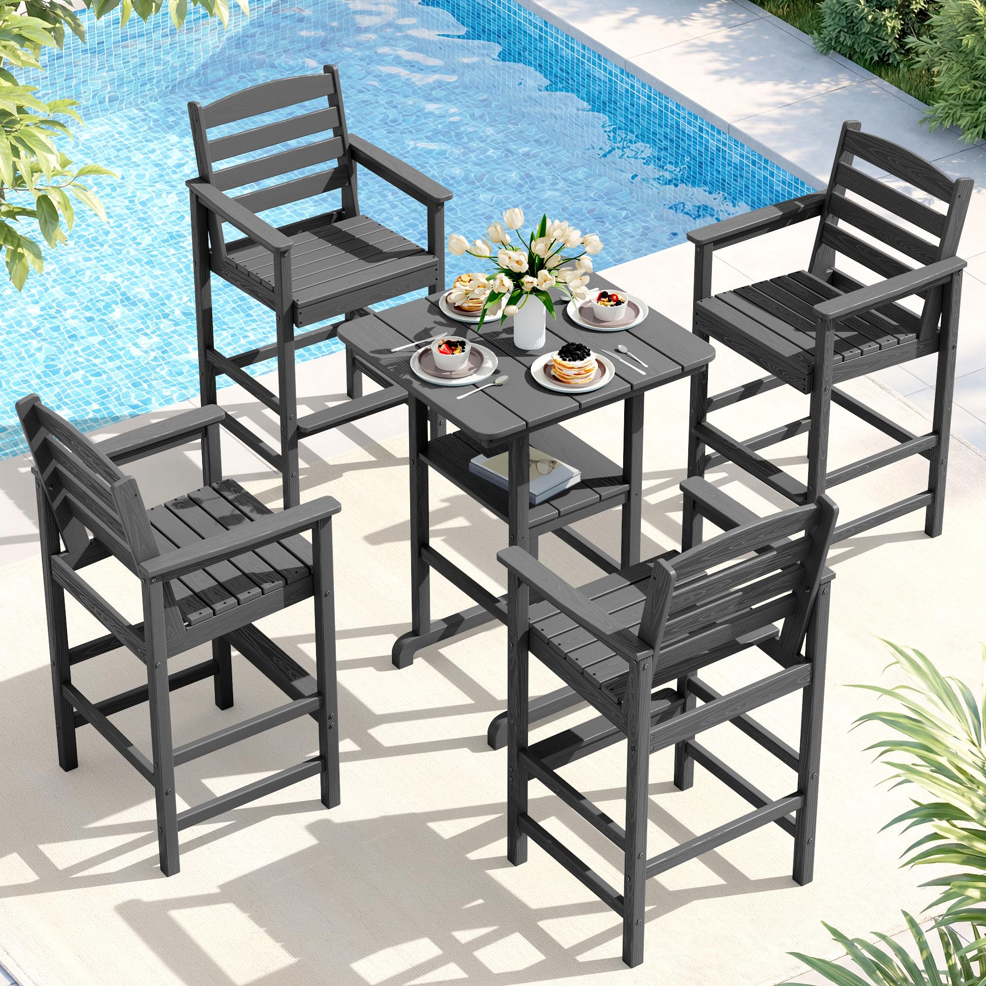 SERWALL 5 Pcs HDPE Bar Height Chairs and Double Layer Pub Table Set, Gray