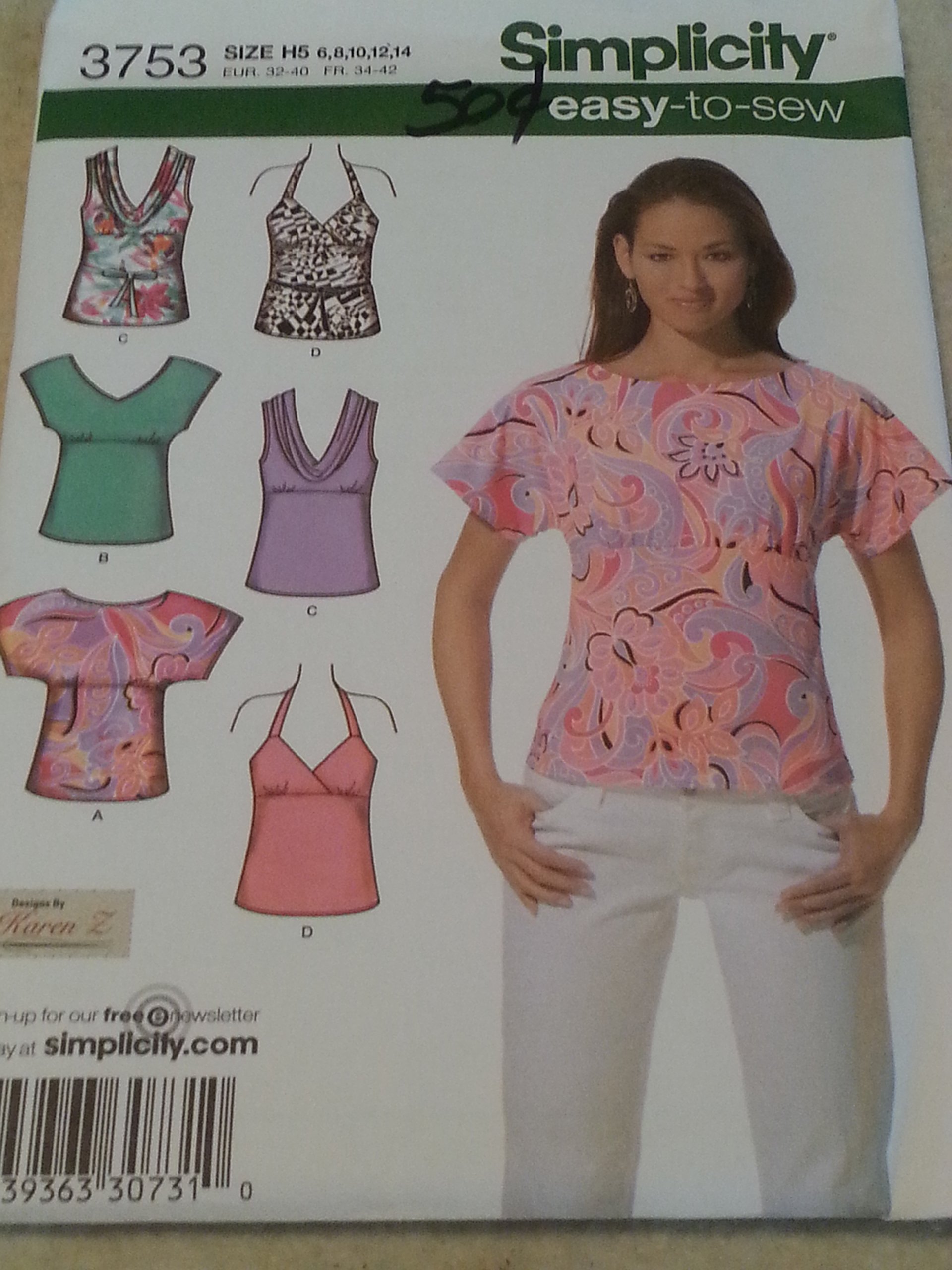 Patron Simplicity 3753 hauts pour femmes tailles 6 à 14 pour couture facile