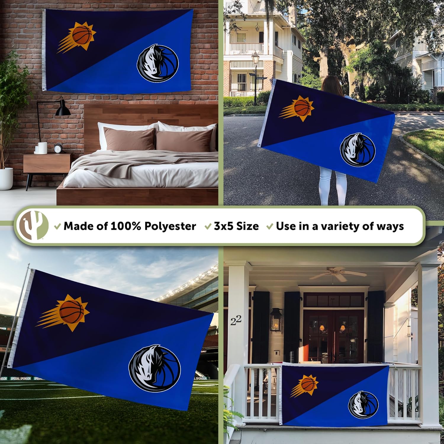 Desert Cactus Phoenix Suns x Dallas Mavericks Flag - 3 x 5 Feet NBA Banner, Indoor/Outdoor Durable Fabric, 100% Polyester Design (House Rivals) - Image 3