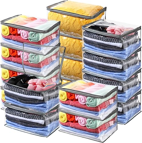 Miniatura 8 de Paquete de 16 bolsas de almacenamiento de vinilo transparente con cremallera y asa de 16 x 12 x 8 pulgadas, manta, ropa, suéter, almohada, juguetes,