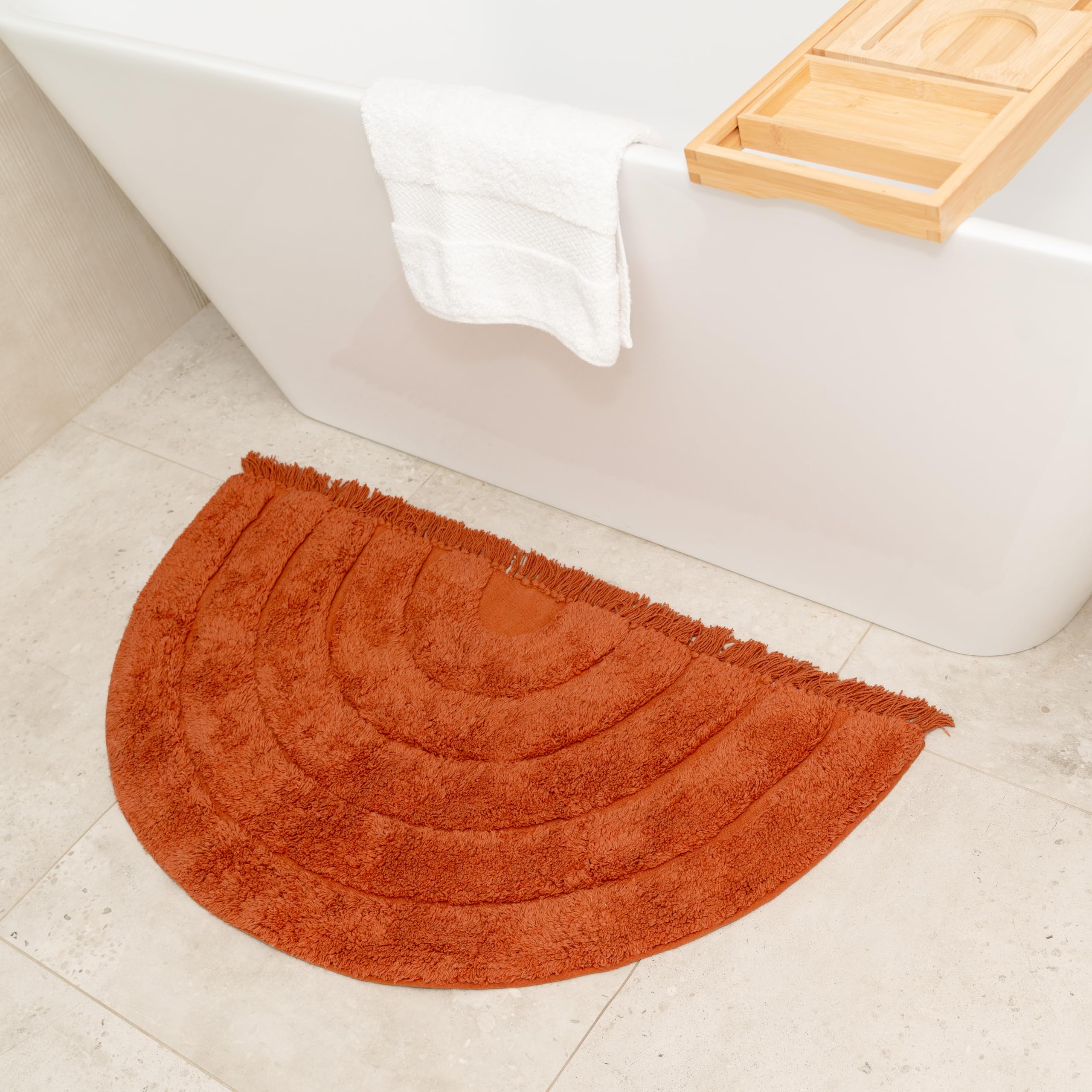 BIEN BEAU Boho Half Moon Bath Rug – Rust Orange - 100% Cotton Mat with Spray Latex Backing - Stylish, Easy-to-Clean Bathroom and Home Decor – 20 x 38