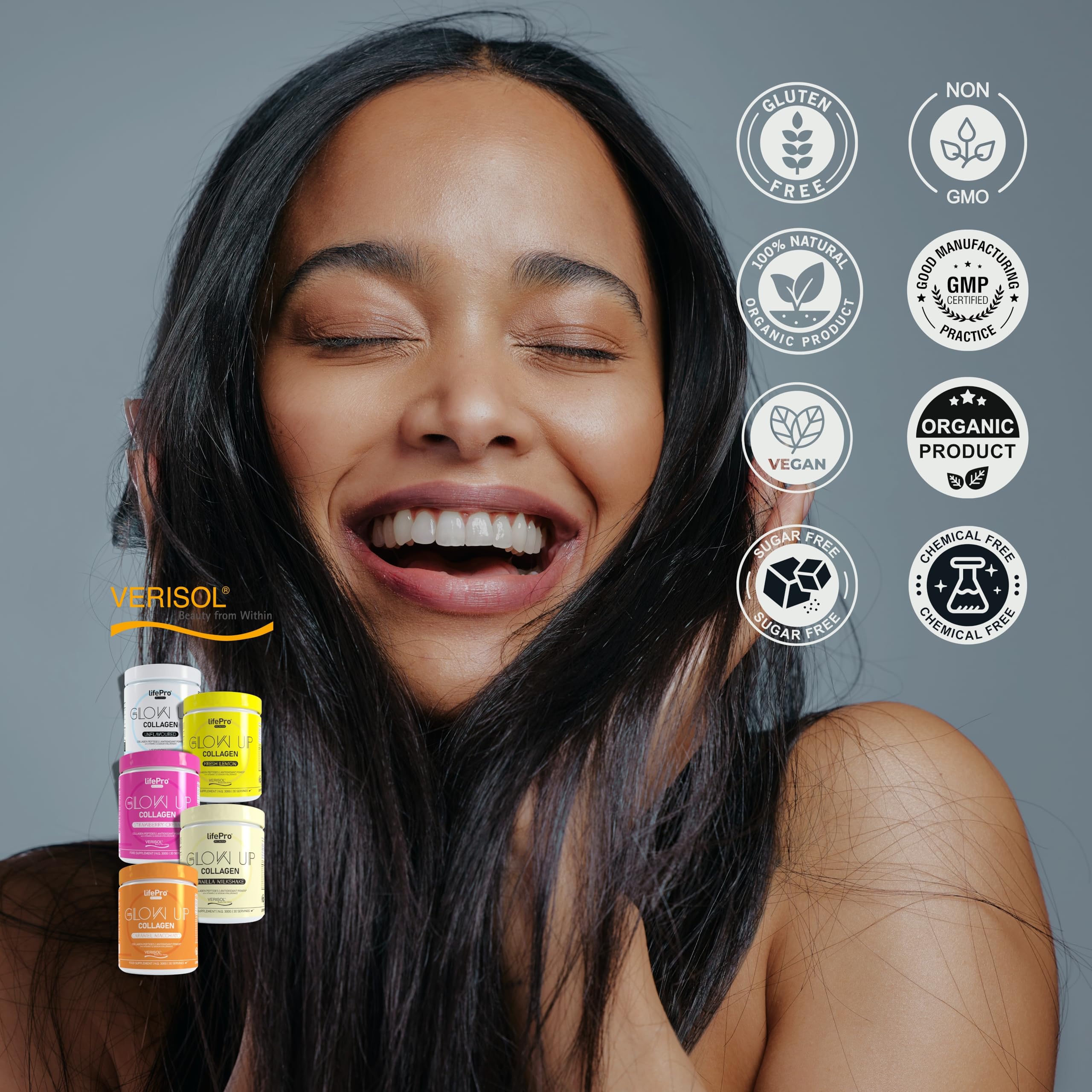 Life Pro Vitaminas para el Cabello Glow Up Beauty, Colageno Hidrolizado Puro, Anticaida Mujer, Crecimiento con Colageno Acido Hialuronico, Evita Caída del Cabello, Tratamiento Piel y Uñas con Verisol