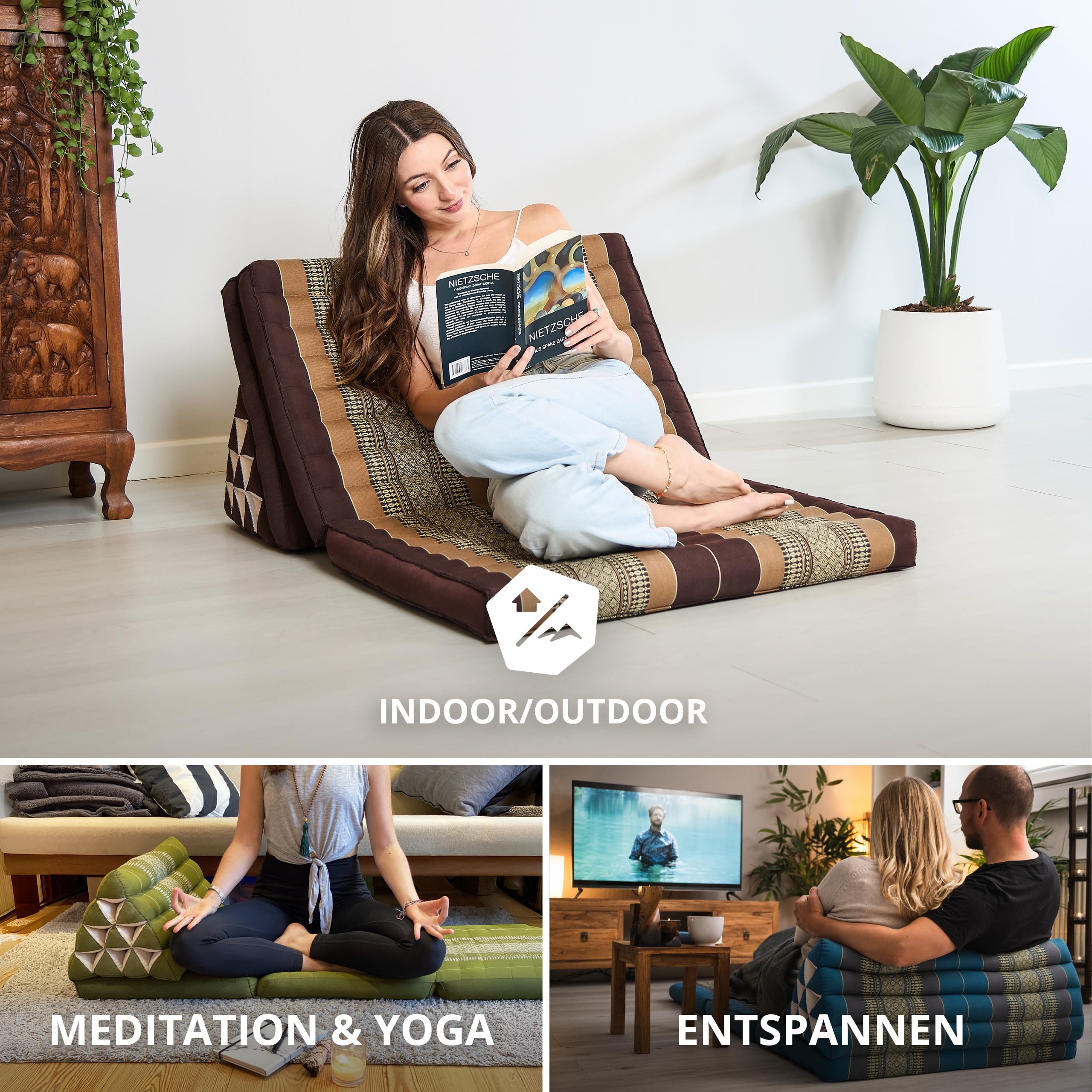 livasia Thaikissen 3 Auflagen für Paare XXL - 190x80x8cm - Dreieckskissen Klappmatratze, extrabreit Kapok, Rückenkissen faltbar, Thaimatte zum Klappen, Meditationskissen (Braun)