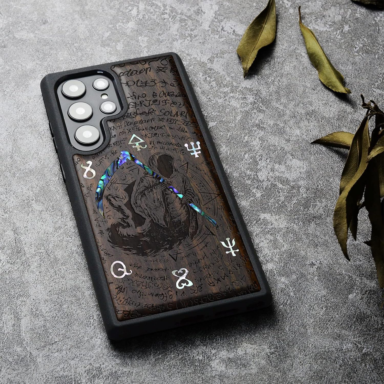 Carveit Designer Wooden Case for Samsung Galaxy S23 Ultra Cover [Wood Engraving & Shell Inlay] Wood Phone Case Compatible with Wireless Chargers Galaxy S23 Ultra Case (Grim Reaper-Blackwood)