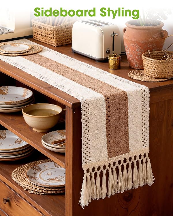 Pureegg Farmhouse Boho Table Runner - 48 Inches, Linen-Textured Woven Tassel Design for Dining Table Decor, Kitchen, Coffee Table & Living Room, 12 x 48 Inch, Brown by Pureegg - Image 6