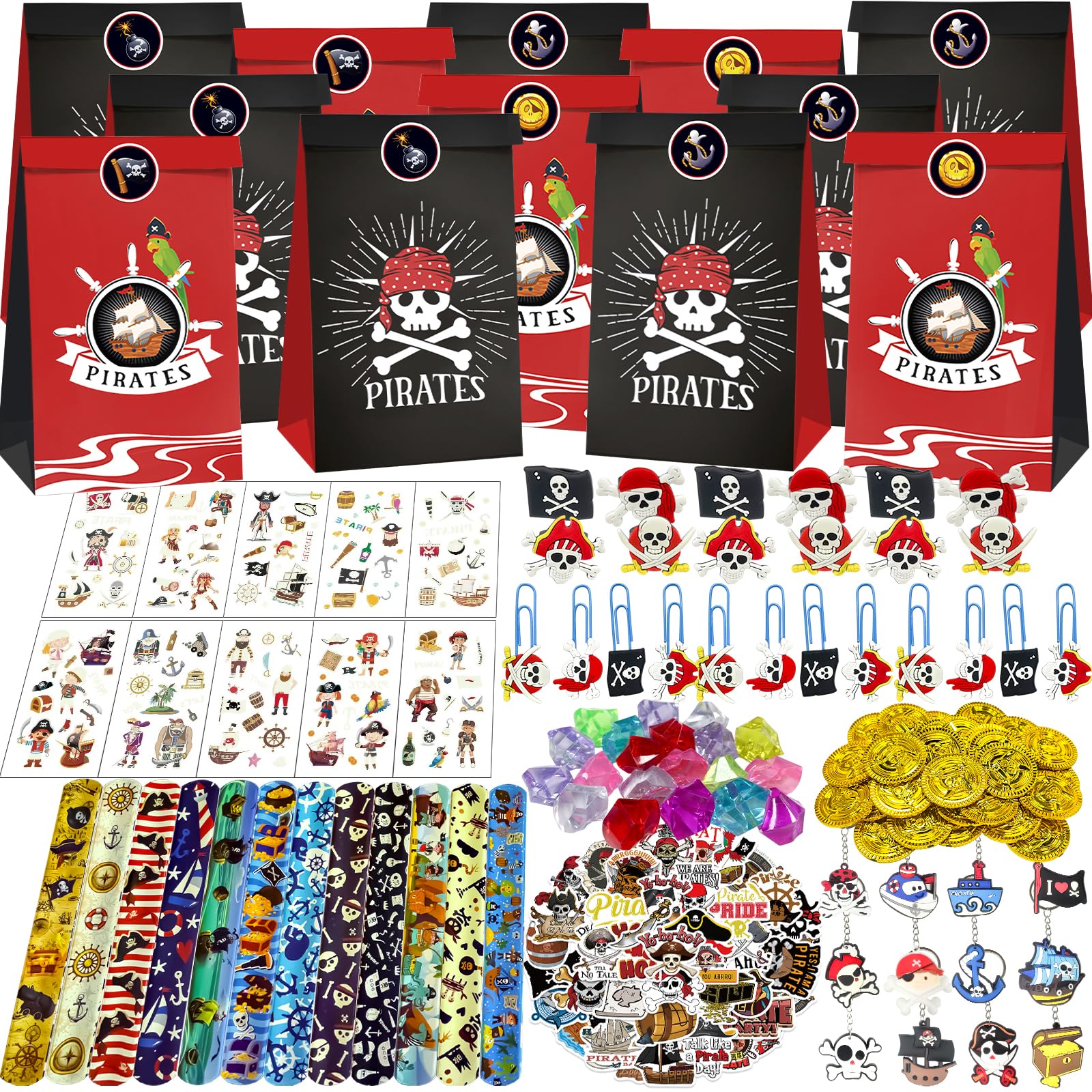 PQKL-party Gadget Pirati, Pirata Party Pensierino Pirata Compleanno per Bambini, Festa dei Pirati, Feste di Compleanno per Bambini, Sacchetti Regalo per Feste di Compleanno, Monete d'oro, Portachiavi