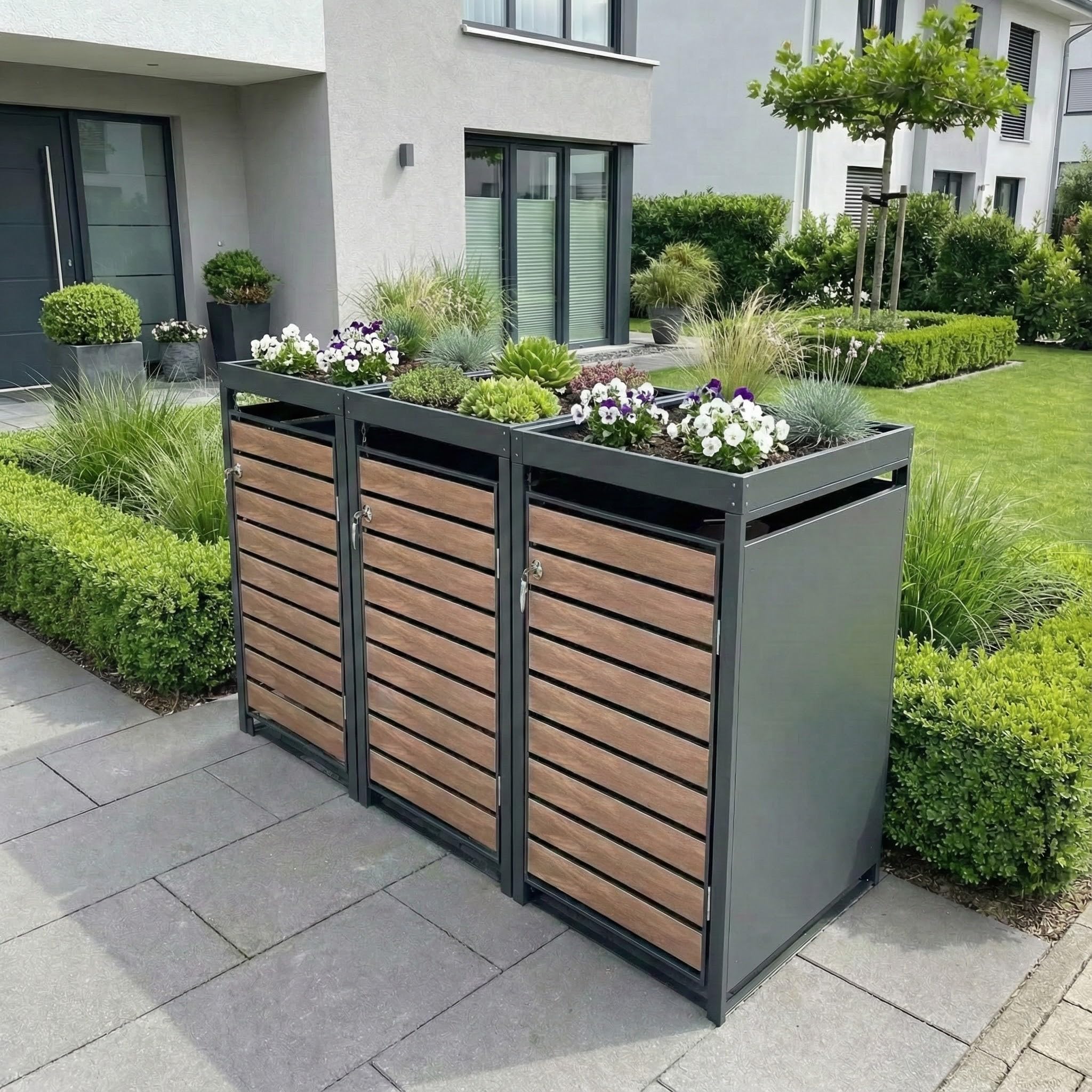 Metzler Box à poubelles 3x240L Anthracite & Aspect Bois avec Toit végétal & Bande de visibilité, Habillage pour 3 bacs avec Couvercle Automatique, Acier poudré Inoxydable, verrouillable