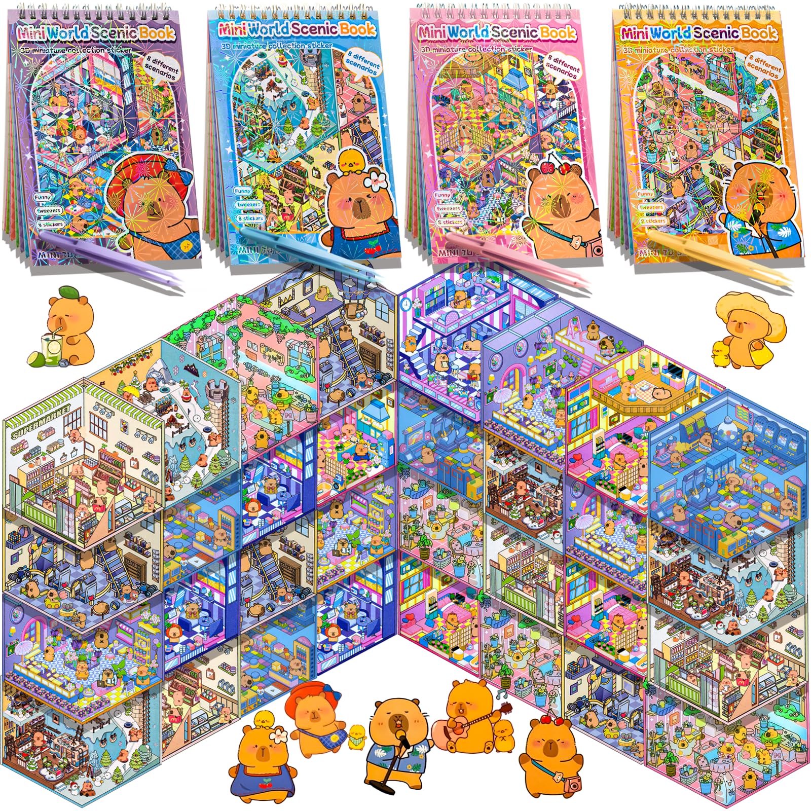 Juego de 32 pegatinas 3D de animales lindos 4 libras, kit de actividades para el hogar de dibujos animados para niños, con pegatinas y pinzas reutilizables