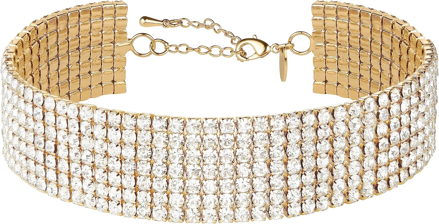 Zealmer Rhinestone Choker Necklaces Silver Sparkling Diamond Choker Crystal Rhinestone Glitter Necklace Gold Plated Jewelry Gifts for Women Bridal Wedding Bridesmaid
