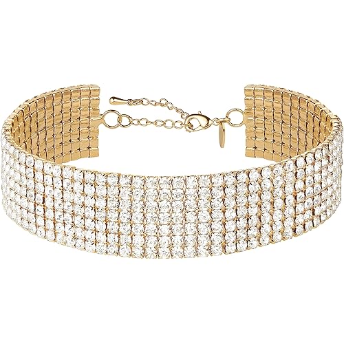 Zealmer Rhinestone Choker Necklaces Silver Sparkling Diamond Choker Crystal Rhinestone Glitter Necklace Gold Plated Jewelry Gifts for Women Bridal Wedding Bridesmaid