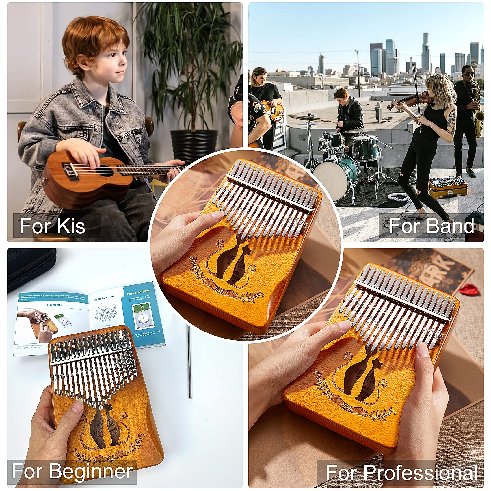 Kalimba - Pianoforte a 17 tasti, per principianti, martello d'accordo, impermeabile, regalo per bambini e adulti, tutto in un unico set