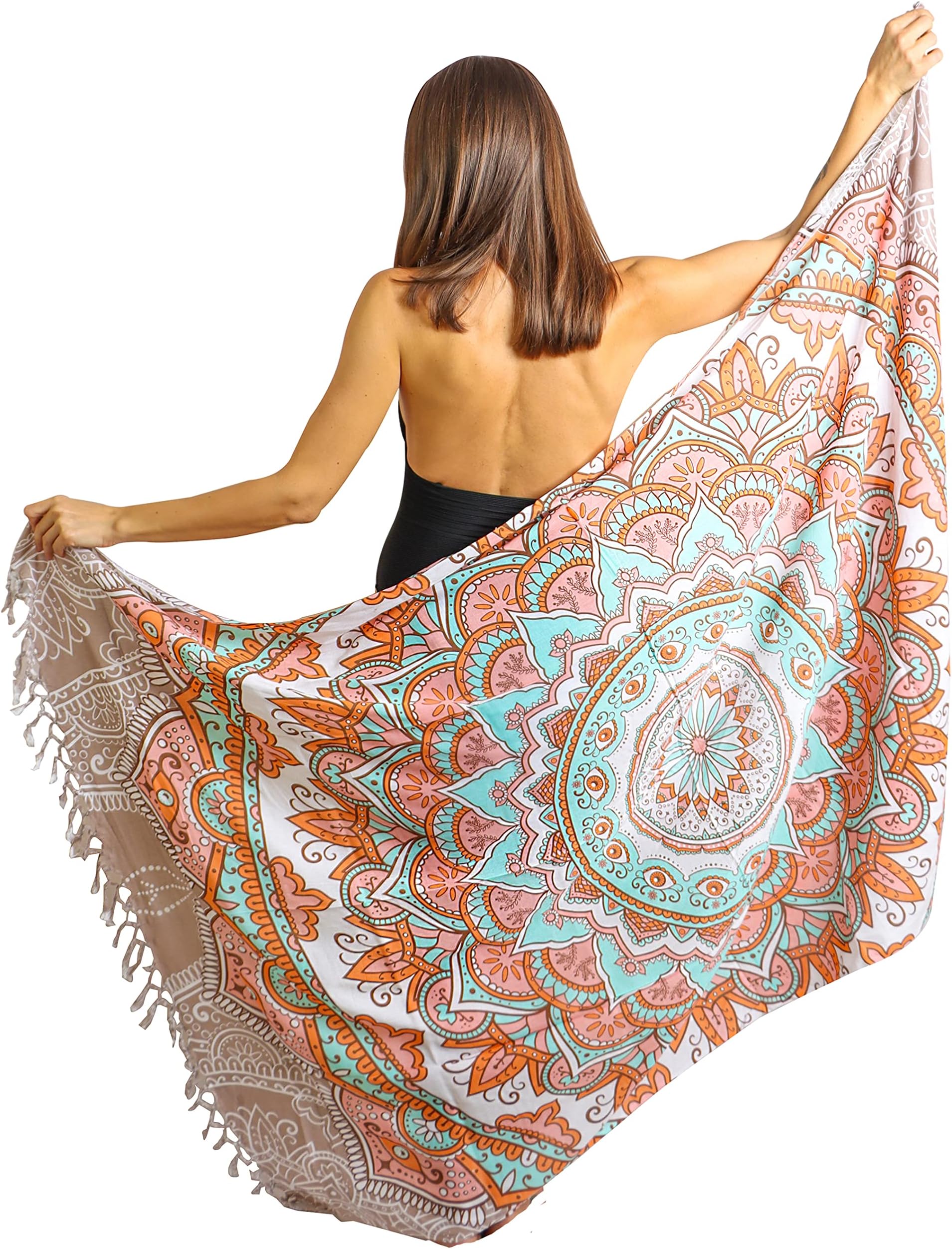 Blauer Women's Sarong Pareo with Fringe Rayon/Cotton Large Beach Towel Wrap Skirt Beach Skirt Tapestry Wrap Bikini Cover Up Cloth for Swimsuit