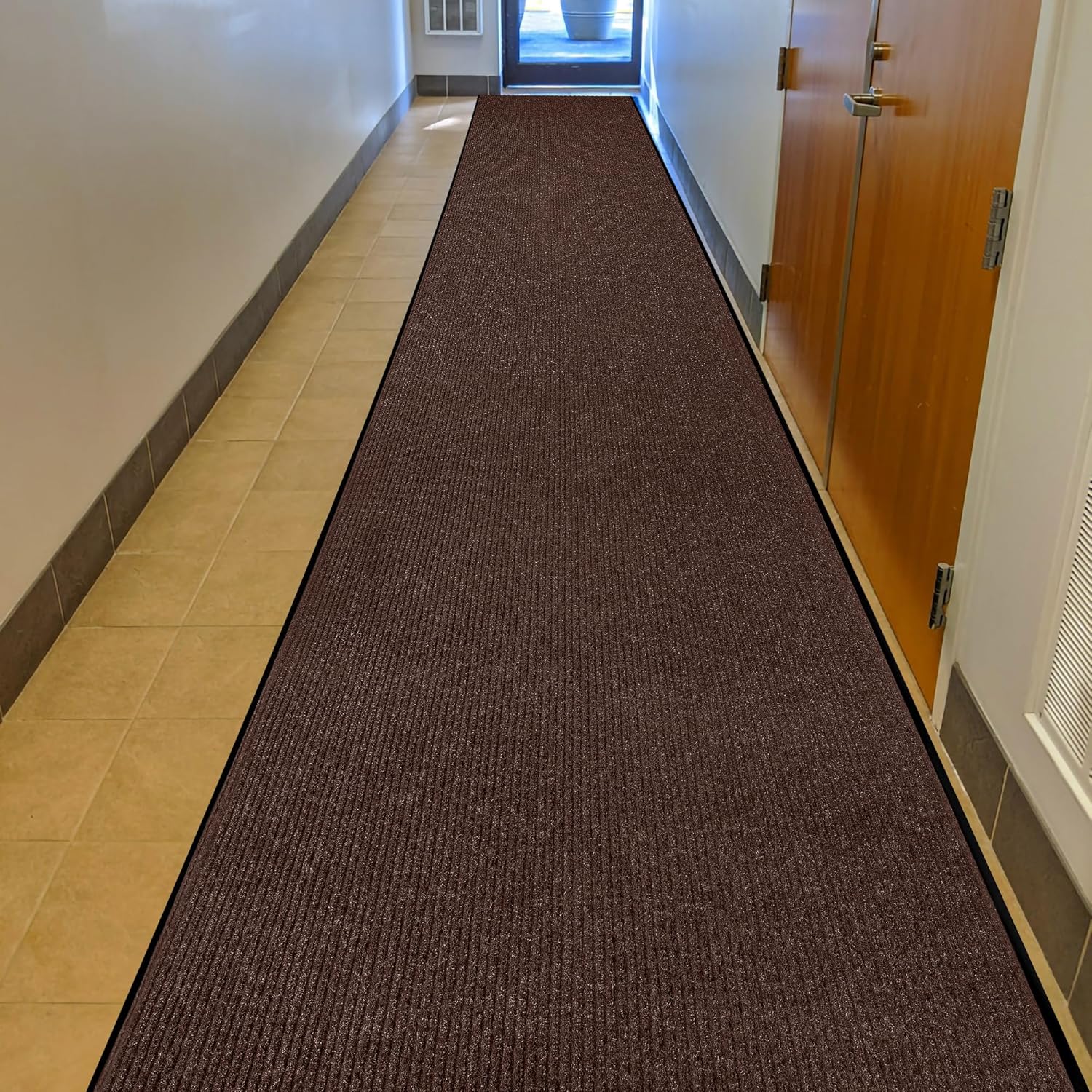Color black MaxMat® Heavy Duty Industrial Mat - XL Size, Waterproof, Low-Profile, Commercial Entry Door Mat (3 x 16 Feet, Brown, MXM-RIB0316BR)