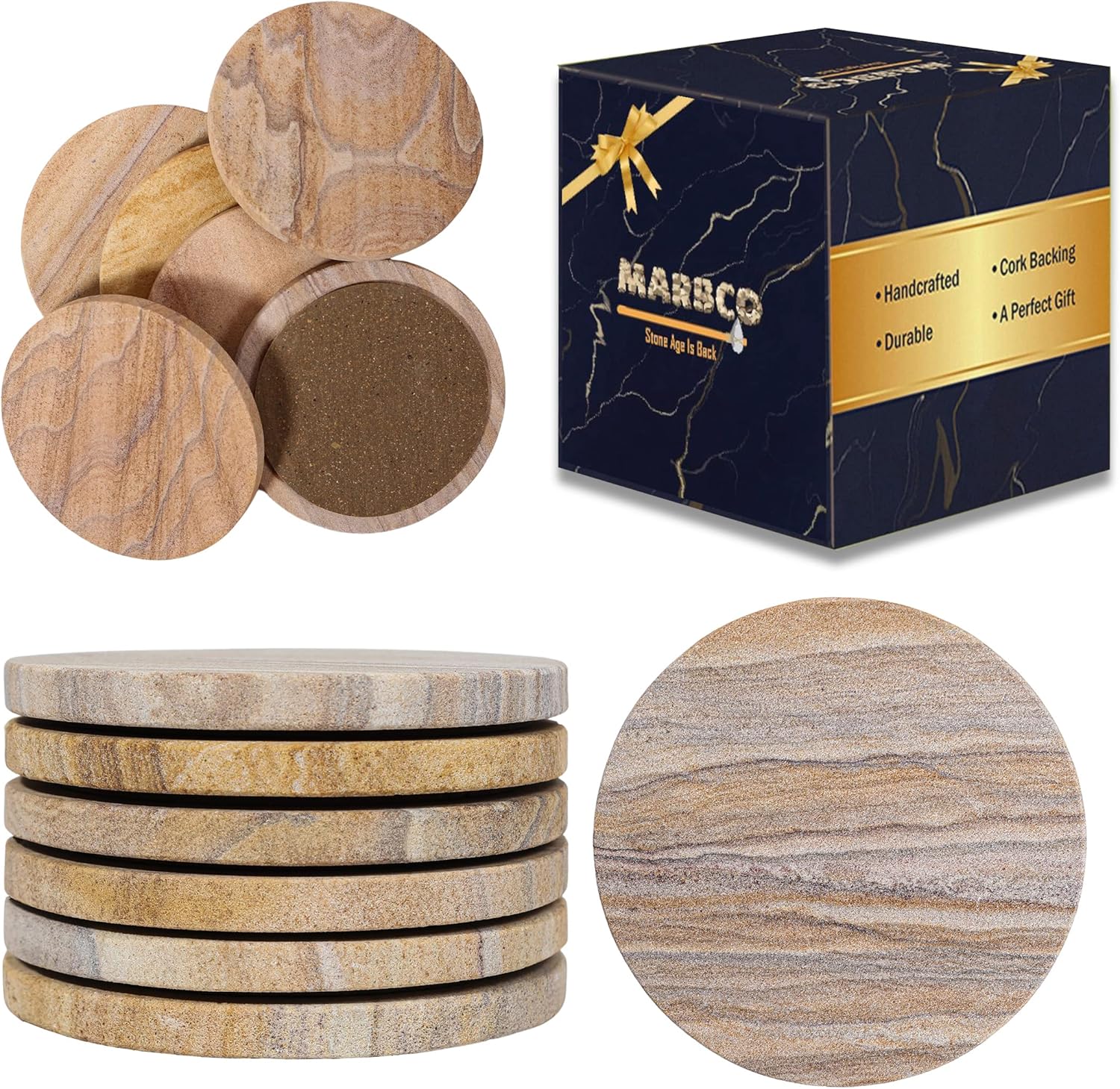 Sandstone Water Absorbent Hand Crafted Round Coasters for Drinks - 4 Inches Wide Thirsty Stone Bar/Drink Coasters- Made from Rainbow Sandstone (Set of 6 Without Holder)