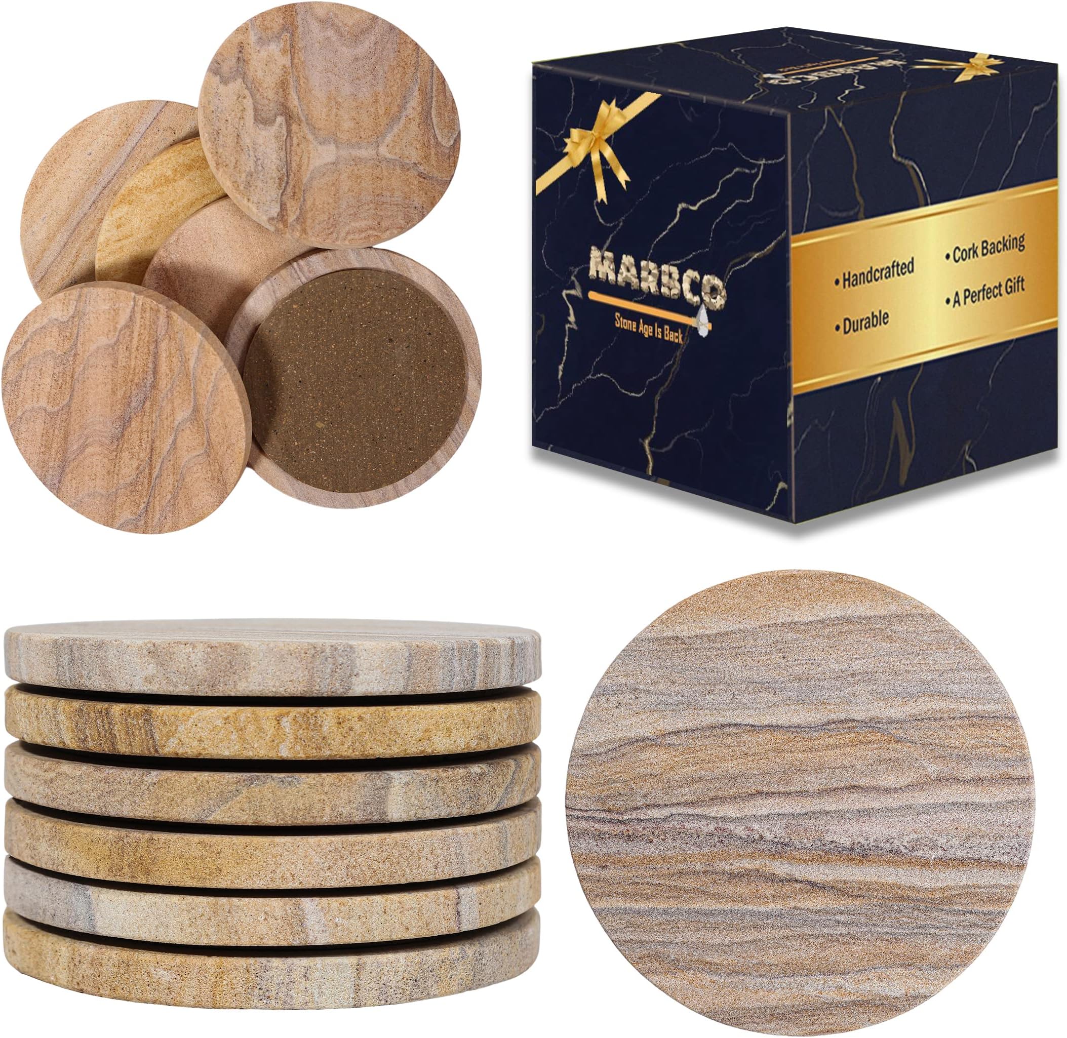 Sandstone Water Absorbent Hand Crafted Round Coasters for Drinks - 4 Inches Wide Thirsty Stone Bar/Drink Coasters- Made from Rainbow Sandstone (Set of 6 Without Holder)