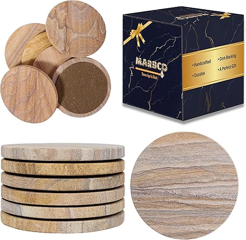 Posavasos redondos absorbentes de agua hechos a mano para bebidas, 4 pulgadas de ancho, hechos de arenisca arcoíris (juego de 6 sin soporte)