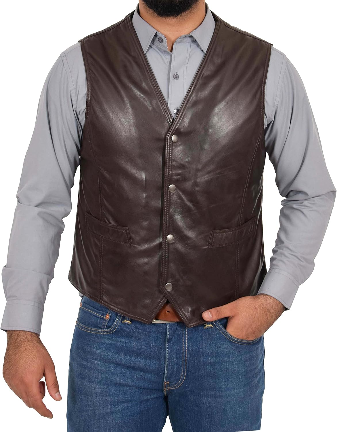 Mens Full Leather Waistcoat Classic Style Vest Petrelli, Brown, 3XL, Brown, 3X-Large