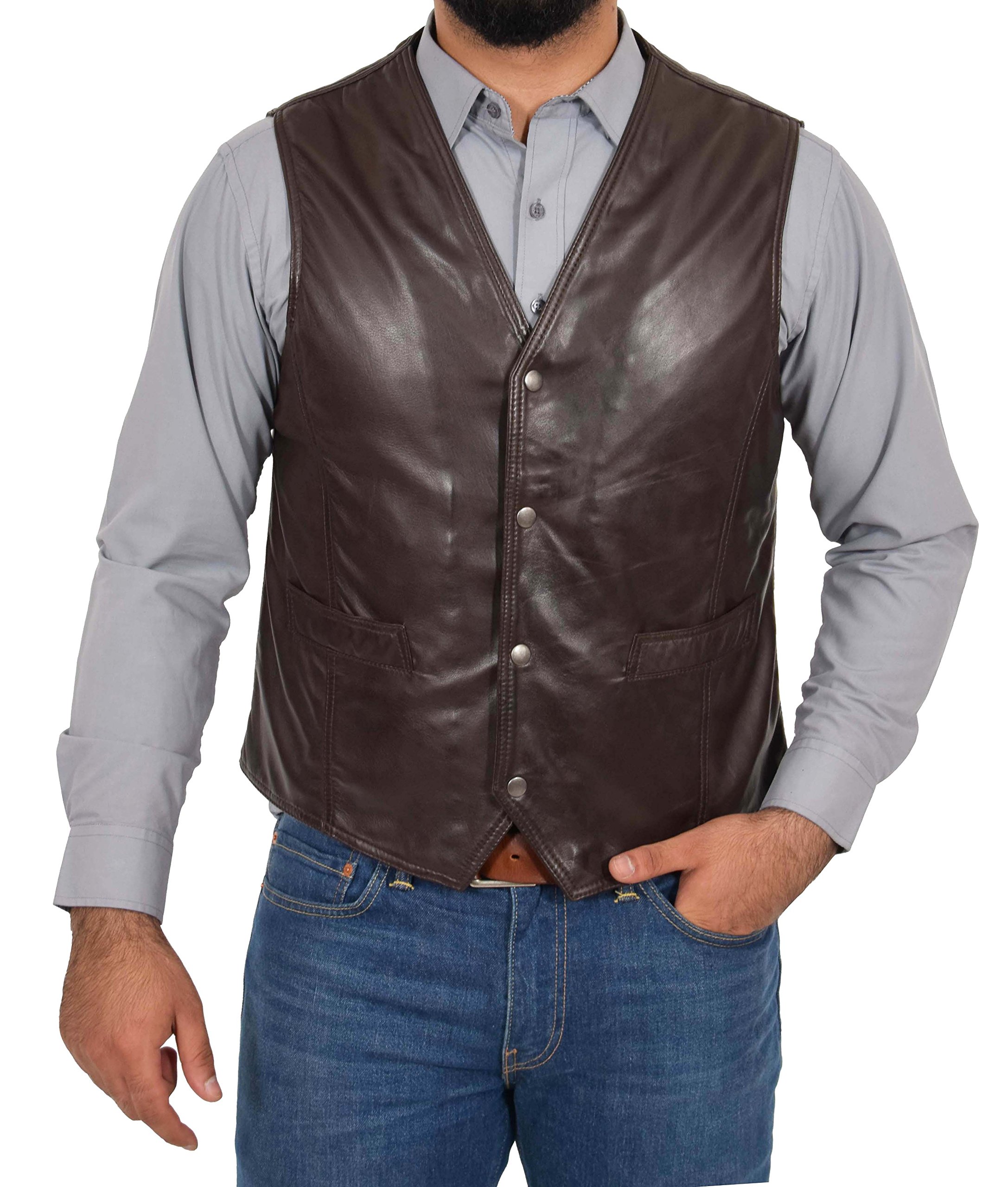 Mens Full Leather Waistcoat Classic Style Vest Petrelli (3XL, Brown)