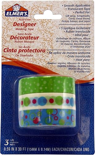 Elmer's Cinta adhesiva de diseñador, patrones de puntos de colores surtidos, 3 rollos por paquete (E65030)