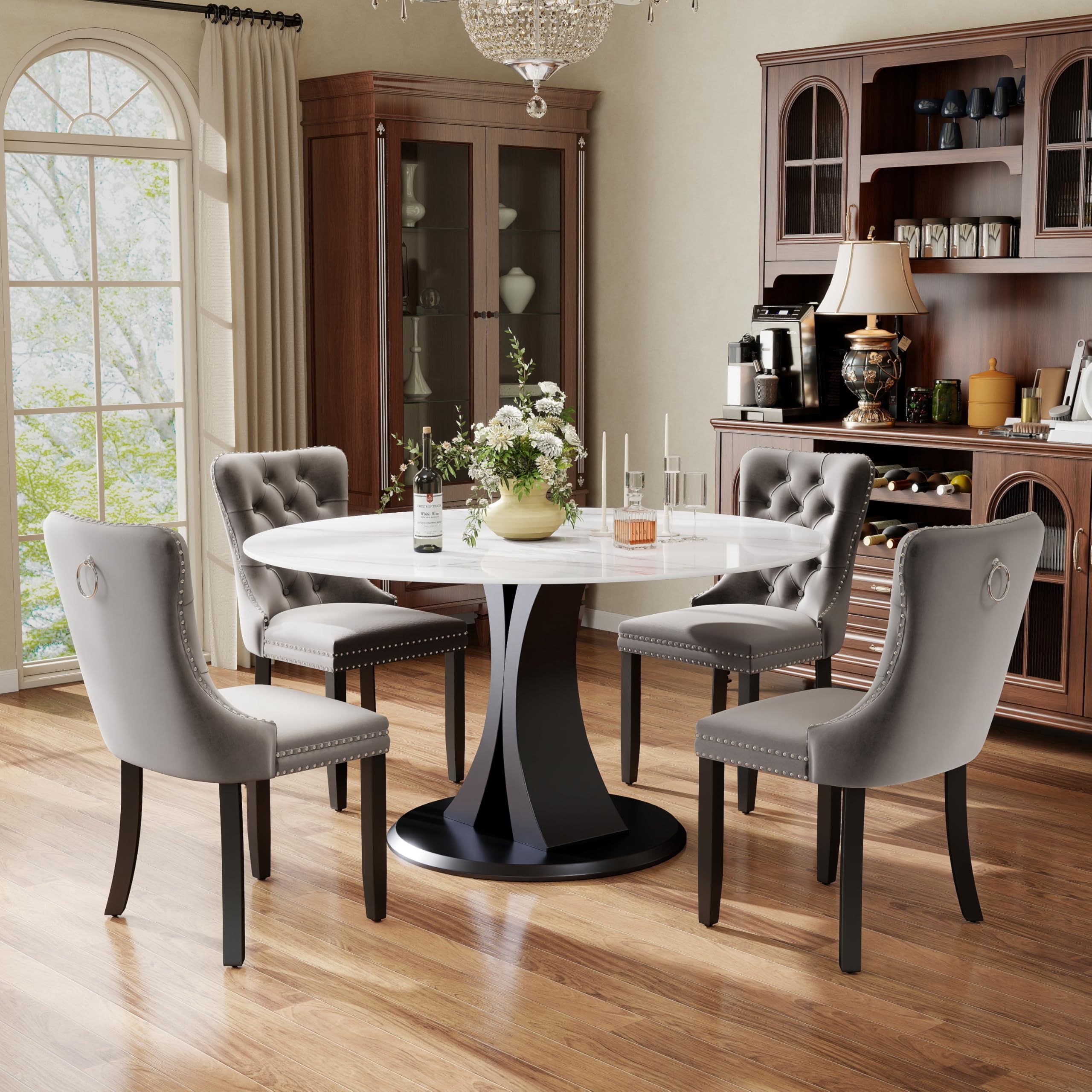 5-Piece Dining Table Set with 47In Faux Marble Table and 4 Velvet Upholstered Chairs, Modern Scandinavian Furniture for Dining Room Kitchen(Gray)