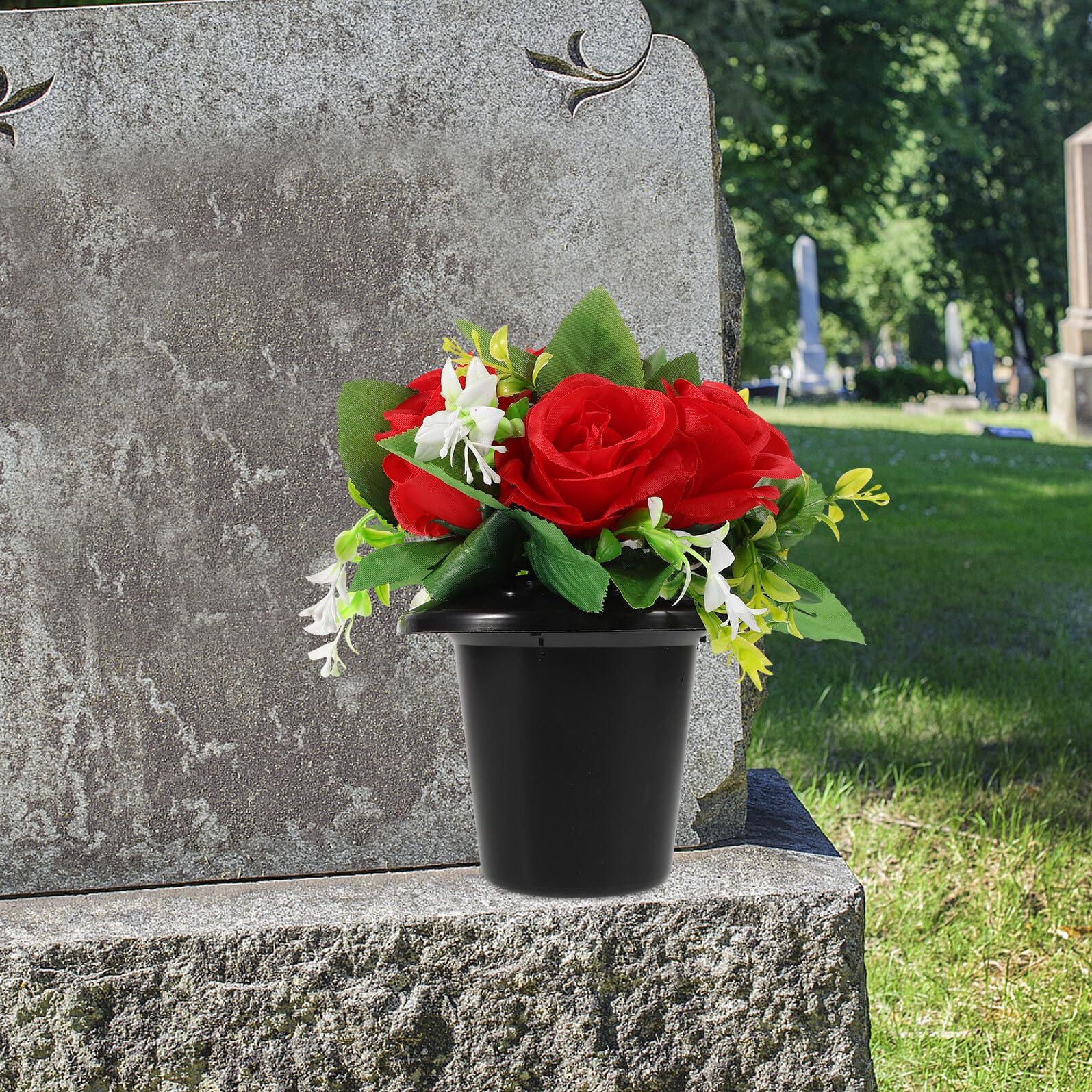 Veemoon Ramo de Flores Artificiales para Cementerio Cubo Pequeño Resistente al Agua Flores de Seda y Plástico Rojas para Decoración Conmemorativa de Lápidas Arreglo Floral para Tumbas y