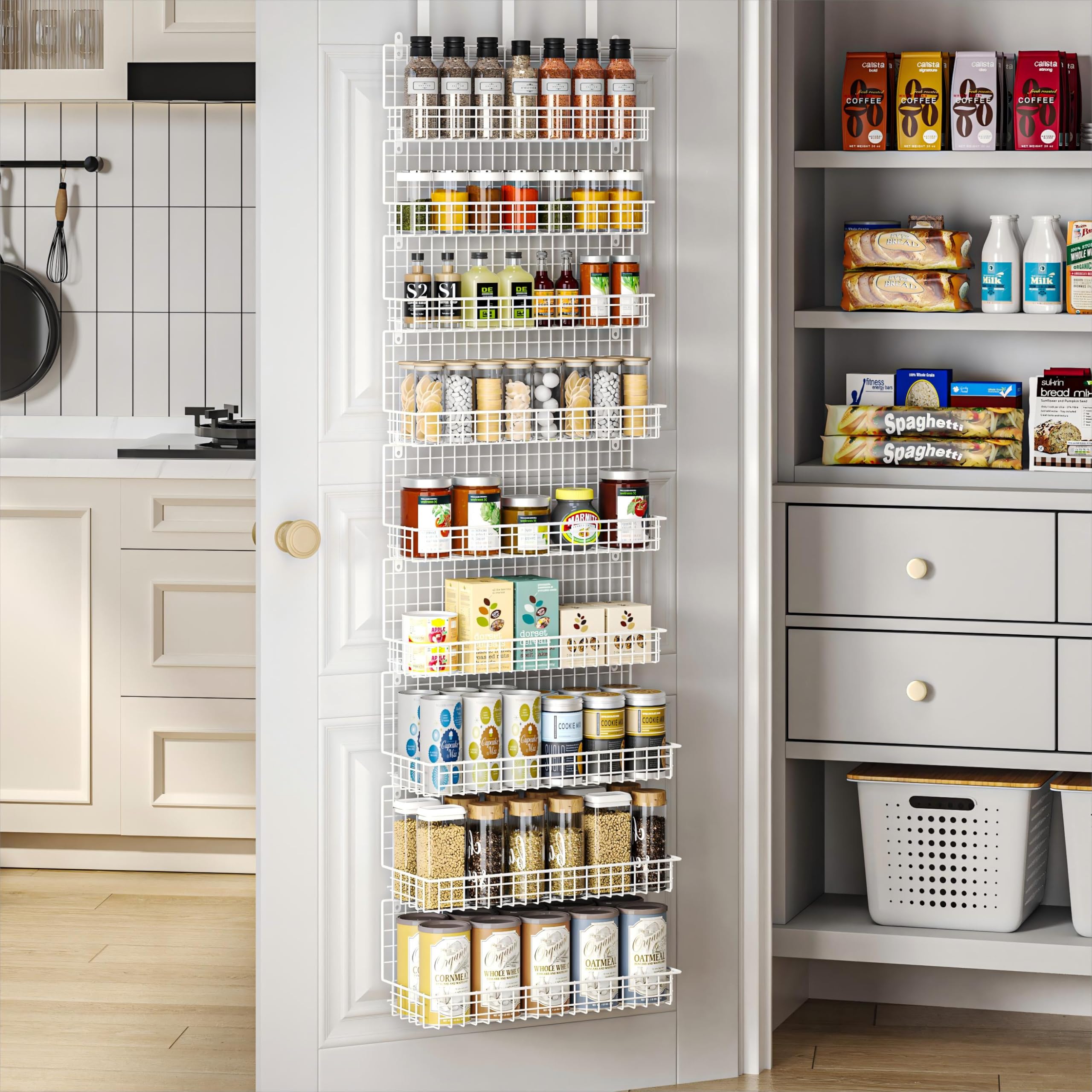 JKsmart Organizador de especias de 9 niveles con gancho para puerta, montaje en pared y capacidad extra grande para despensa, elegante diseño blanco para una organización sin esfuerzo, la mejor