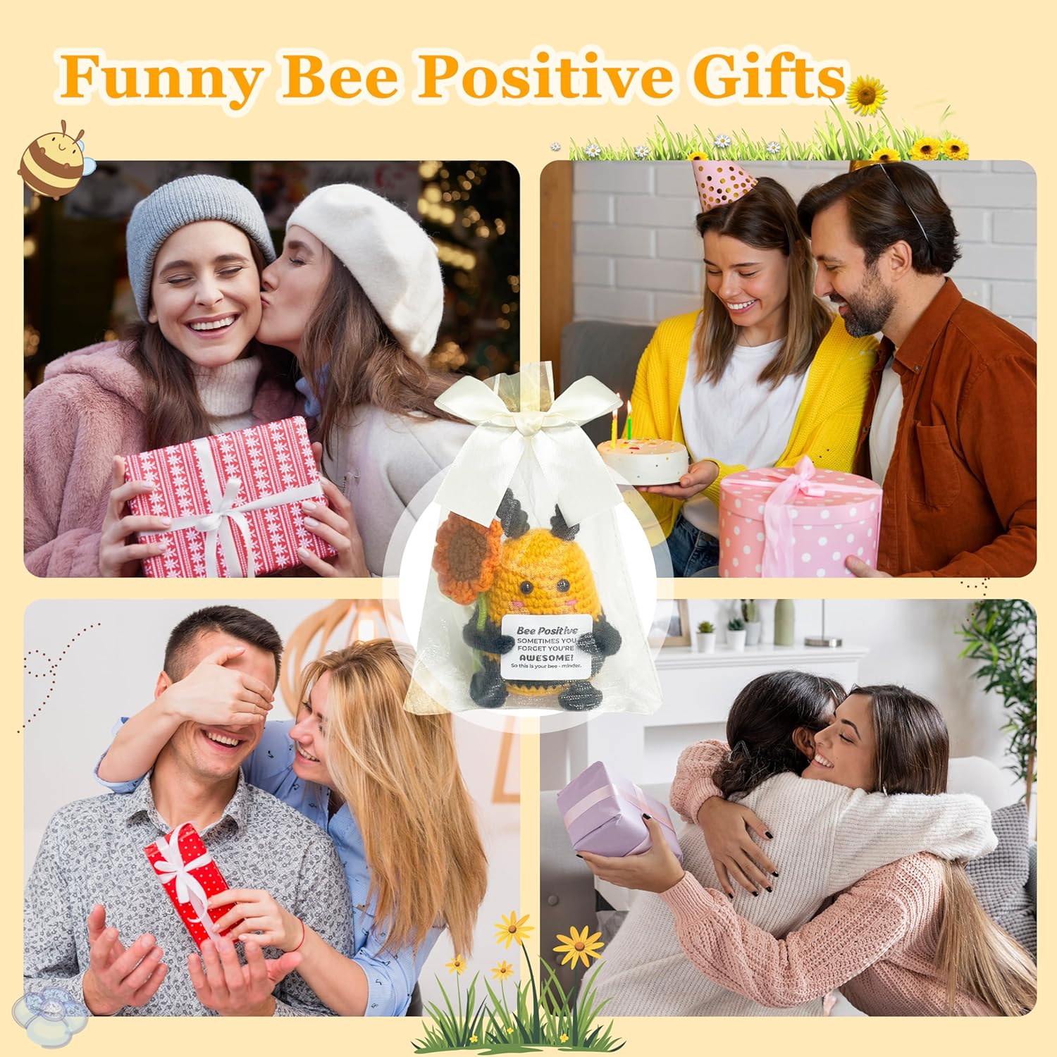 Mini Funny Bee Positive Crochet Animals - Valentines Day Birthday Gifts for Women Men Teens, Cheer Up Appreciation Gifts for Coworkers, Husbands, Friends, Handmade Emotional Support Crochet Bee Decor - Image 5