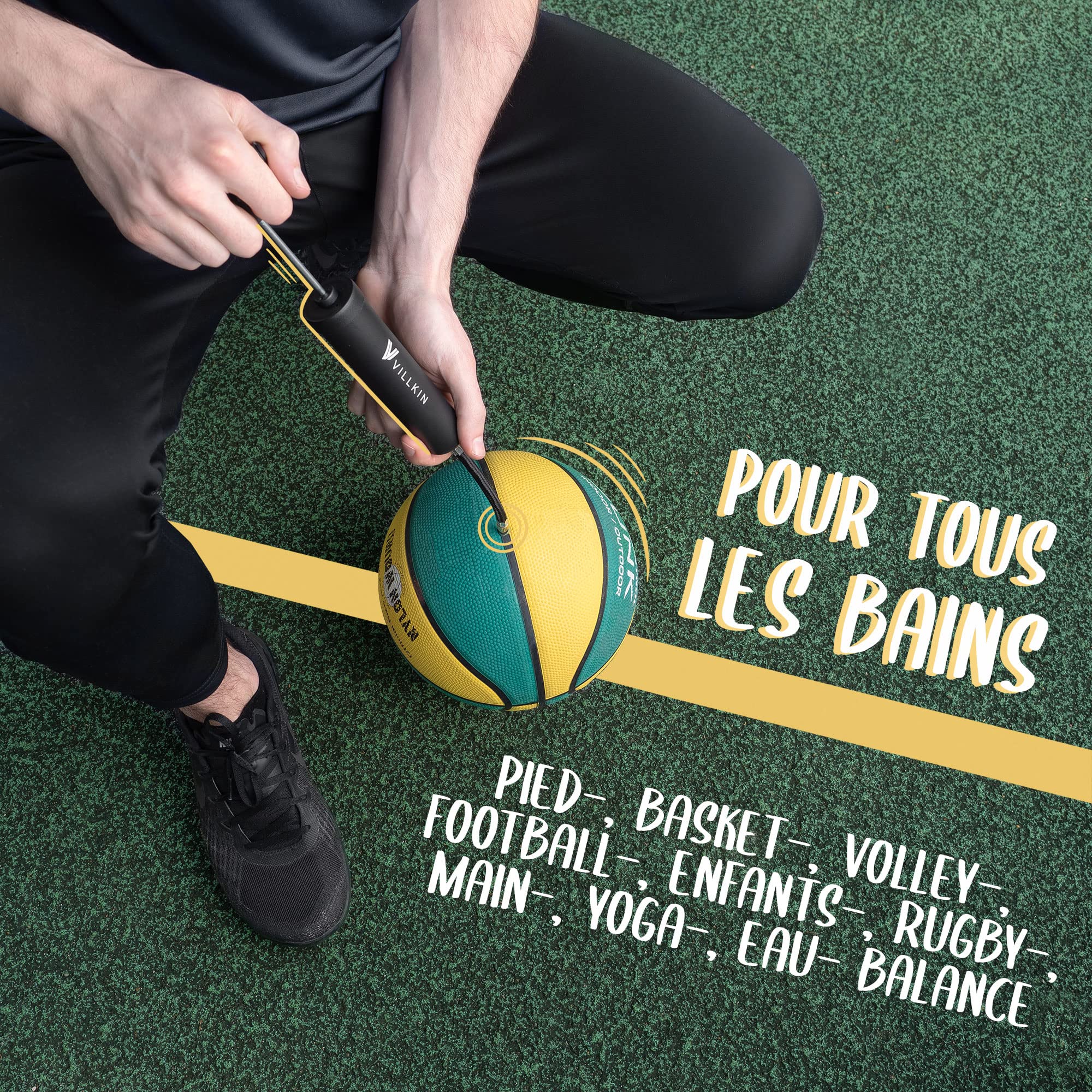 Villkin Pompe à ballon avec compartiment à aiguilles – Avec 4 aiguilles en métal, 2 aiguilles en plastique, 1 tuyau flexible – Convient pour le gonflage rapide du football, basketball, handball, etc