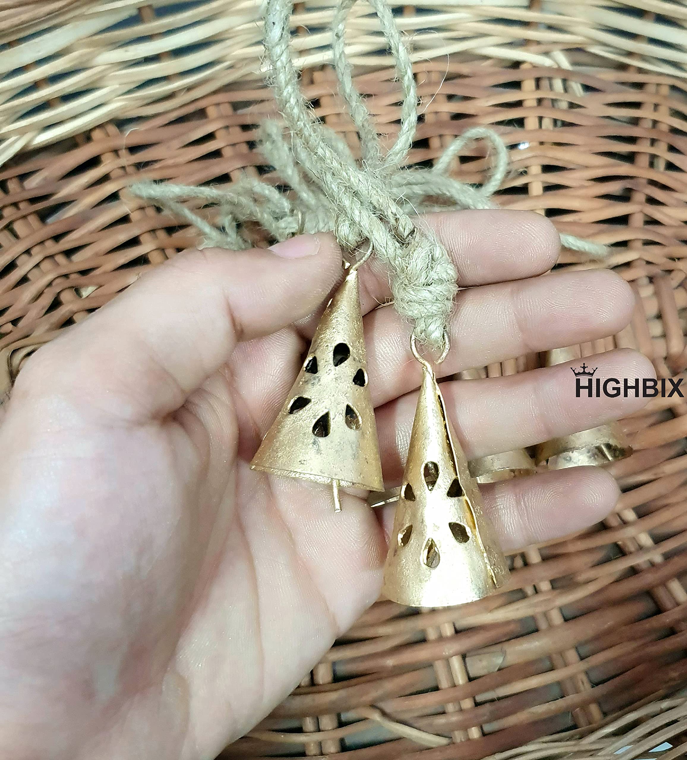 HIGHBIX 4cm Vintage Rustic Lucky Cone Shaped Cuting Tin Cow Bells Set of 10 Handmade Christmas Décor Bells with Jute Rope - Image 3 thumbnail