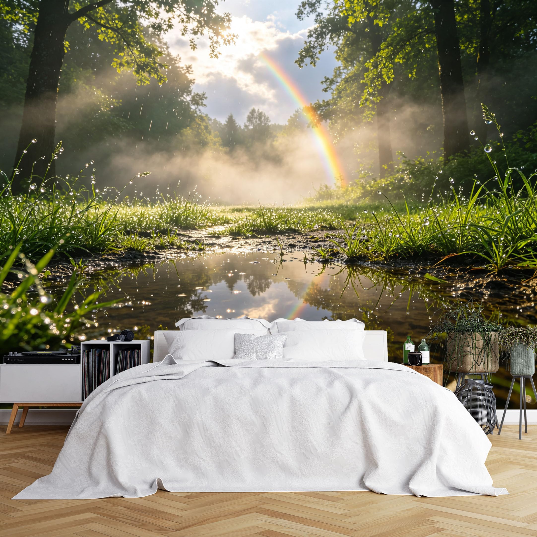 Custom Size Wall Murals Rainy Forest Meadow with Rainbow and Dewy Grass, HD Self-Adhesive Wall Fabric (NO PVC) Removable Wallpaper for Living Room, Bedroom
