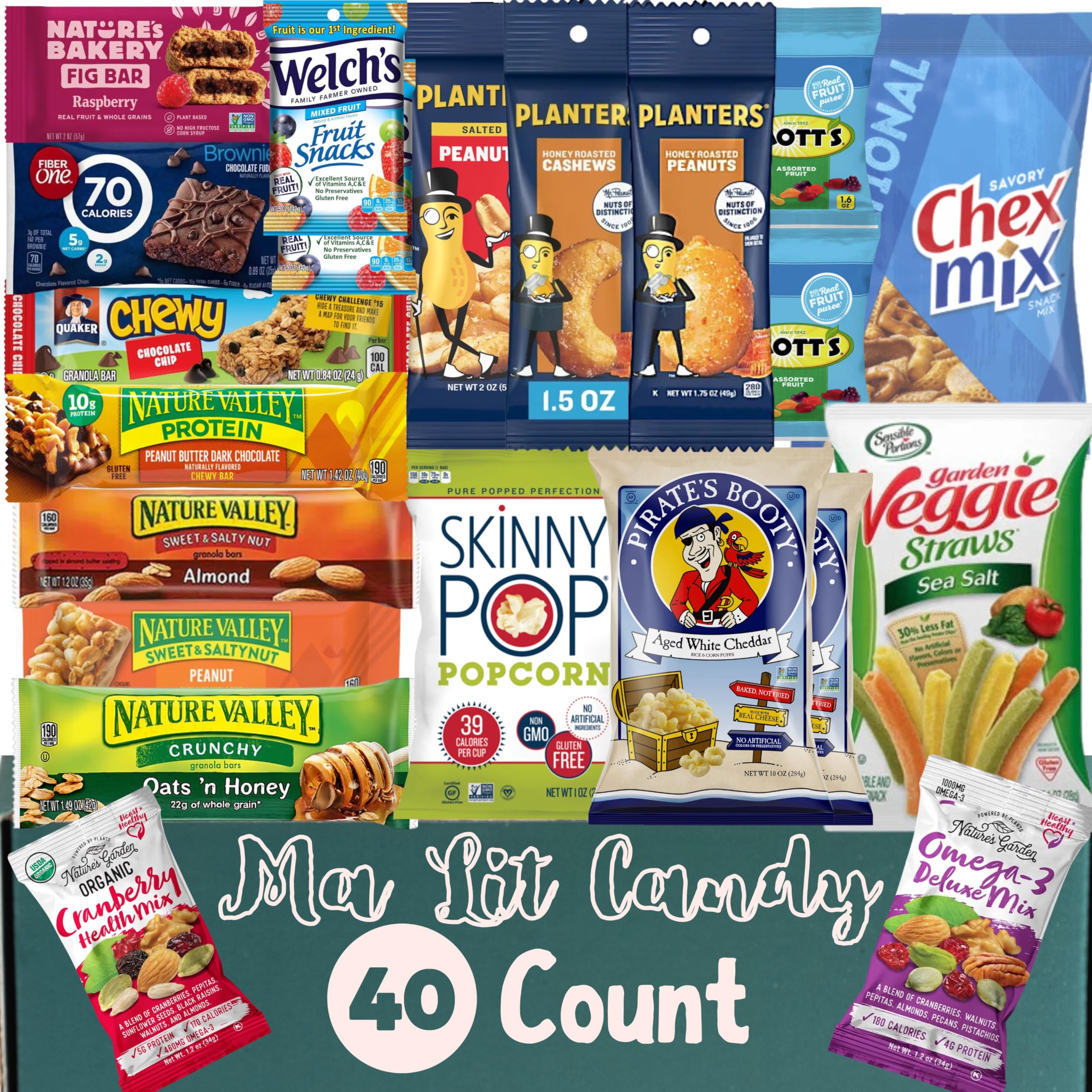 Ma Lit CandyHealthy Snack Variety Pack (40 Count) – Healthy Snacks Care Package Box with Granola Bars, Nut Mixes, & Popcorn - Great for College Students, Military, Work, Office, & Holiday Gifts (40)