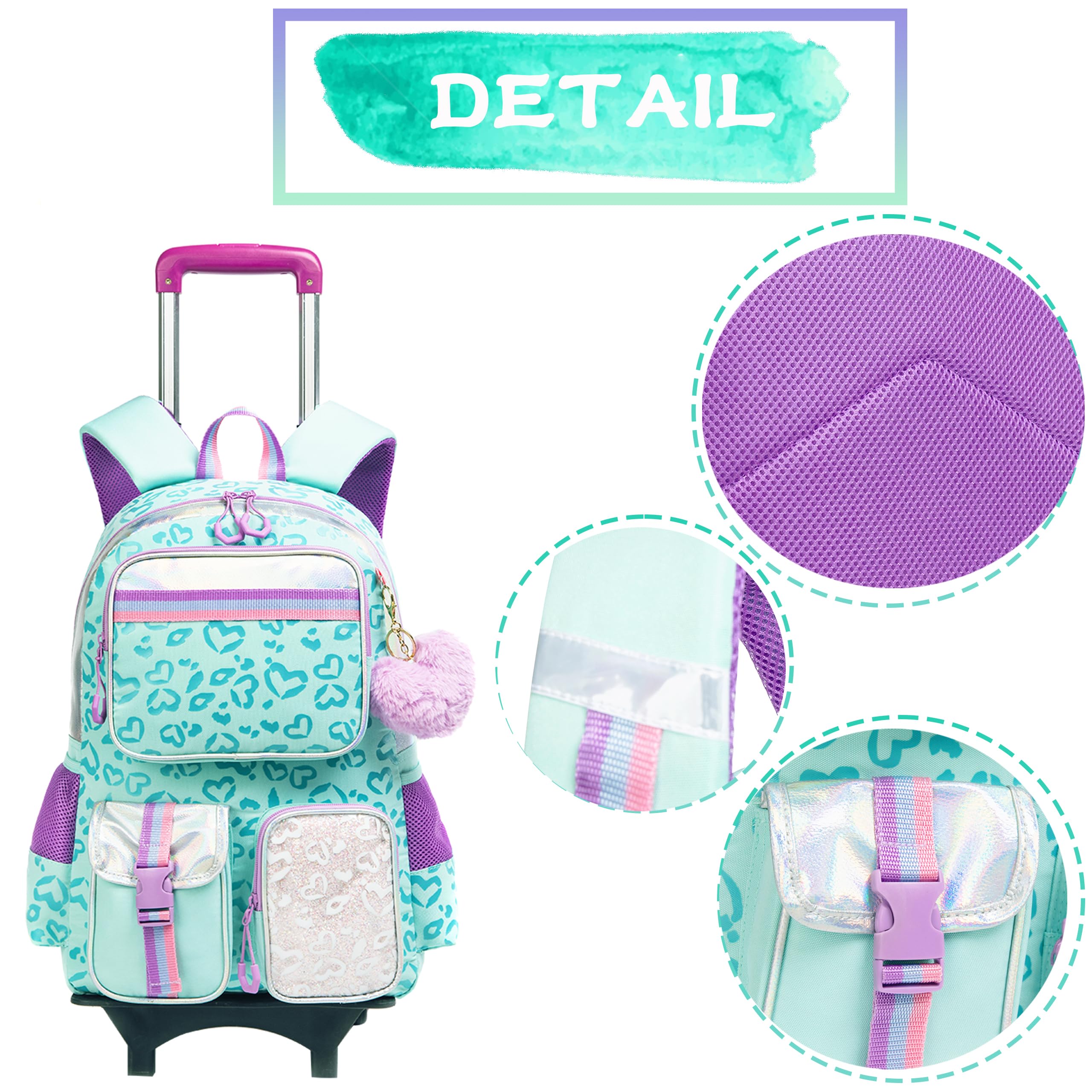 HTgroce Cartable à Roulette Fille Primaire, Sac à Dos pour Filles, pour Scolaire, Voyage, CE2