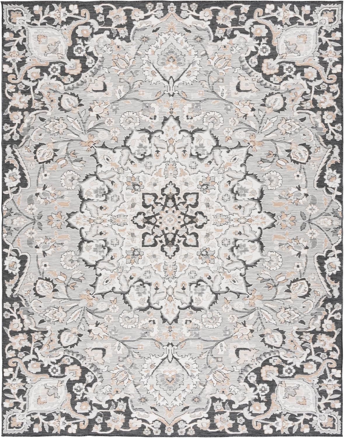 SAFAVIEH Washable Rug Outdoor Sunrise Collection - 8' x 10', Grey & Beige Black, Non-Shedding & Easy to Clean, Ideal for Patio, Backyard, Mudroom (SUN696F)