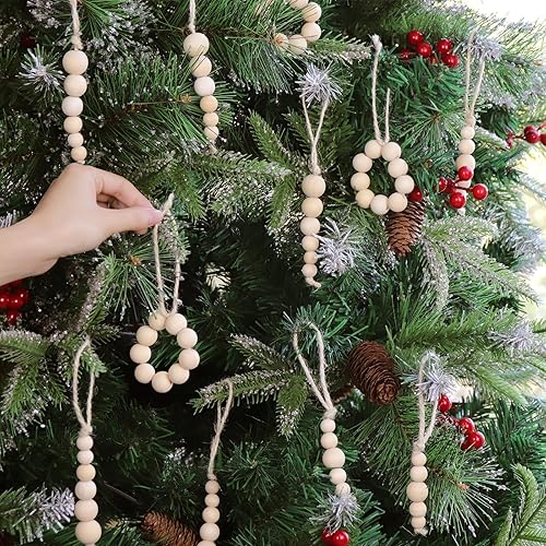 Miniatura 3 de Treory Decoraciones de Navidad para decoración de interiores 12 juegos de adornos de árbol de Navidad con cuentas de madera rústica, decoración