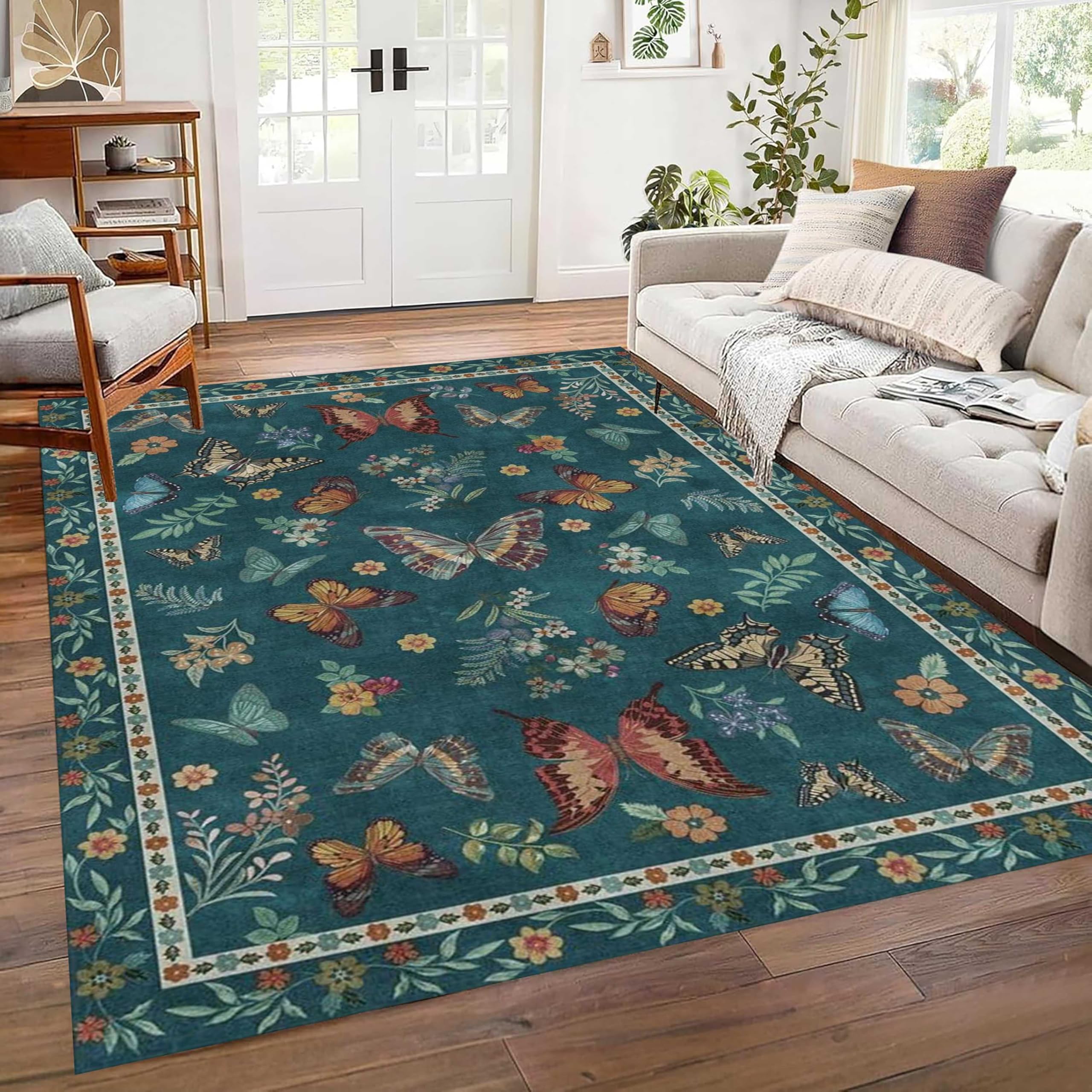 Kuluoits Vintage Floral Area Rug, 180x300cm Country Farmhouse Butterfly Floral Insect Plants Blue Low Pile Washable Carpet, Bohemian Style Non-Slip Indoor Rugs for Living Room Study Office Floor mats
