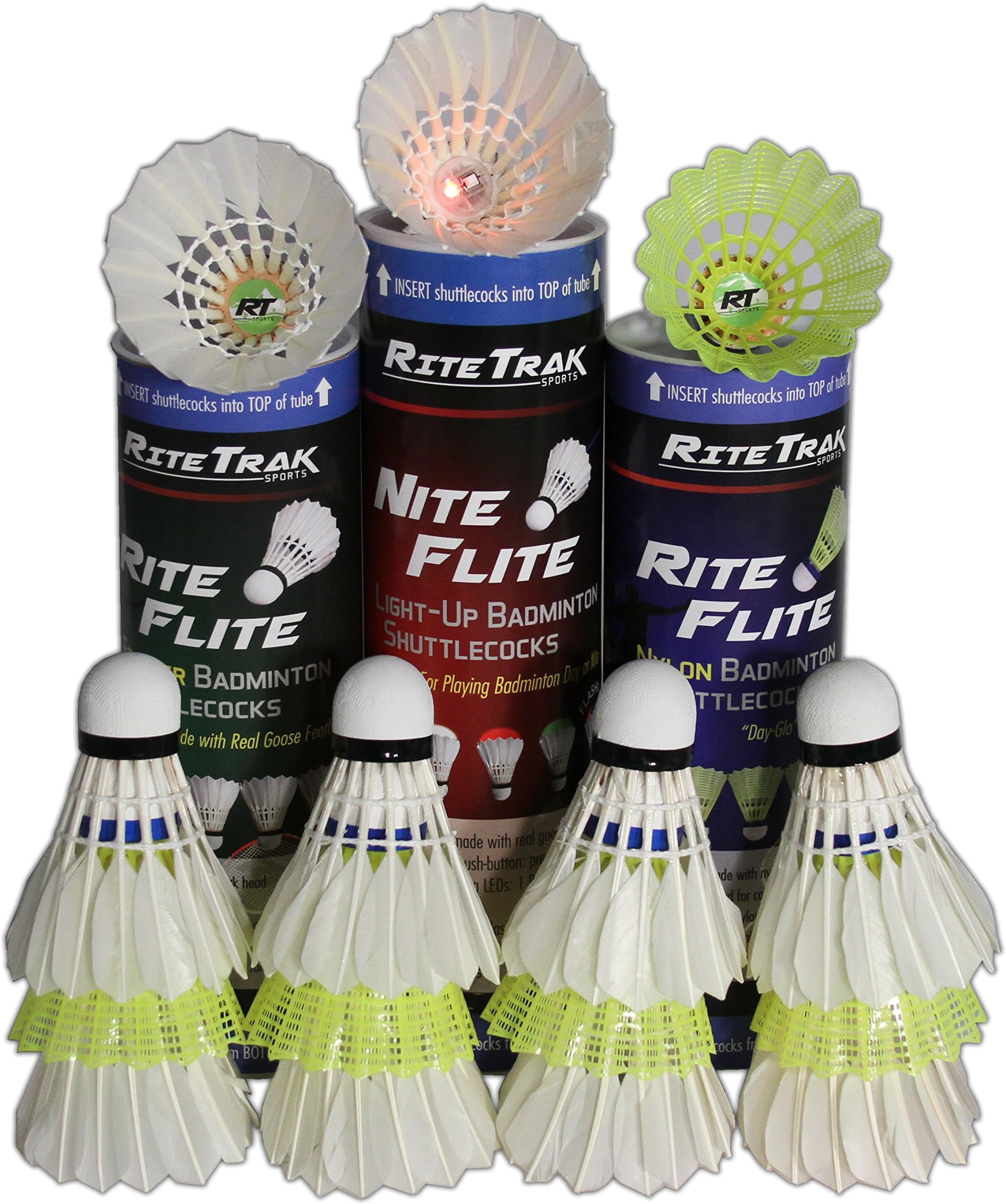 RiteTrak Sports Badminton Shuttlecock Variety Gift Pack with Nylon, Feather and Light-Up Assortment, 15-Pack of 3 Styles of Birdies in 3 Storage Tubes