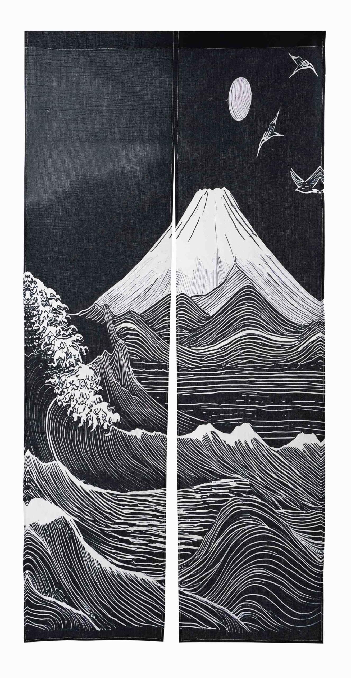 Japanese Noren Long Door Curtain Mt Fuji Ukiyo-e Chalk Art 33.5x71in