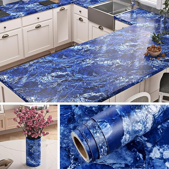Livelynine Peel and Stick Countertops 24x394in Blue White Marble ...