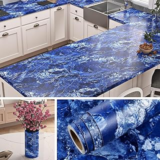 Livelynine 15.8x394 Inch Blue Marble Wallpaper Peel and Stick Waterproof Contact Paper for Countertops Vinyl Laminate Sheets Renter Friendly Counter Top Covers Kitchen Remodel Stick on Desk Wallpaper