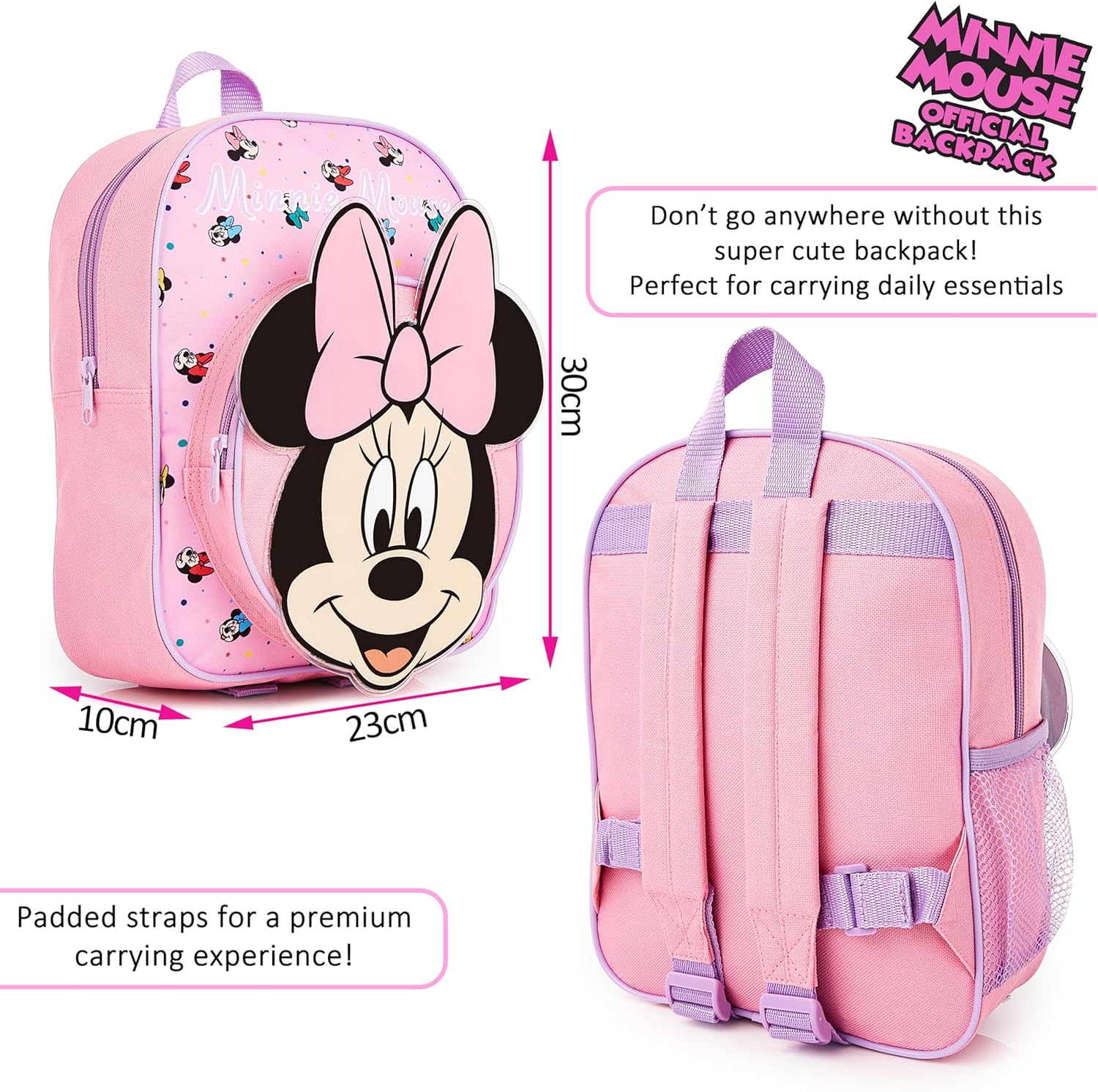 Disney Mini Backpack for Girls Toddlers 12x9” Preschool Backpack for Daycare Travel School Supplies Gifts for Girls (Pink Minnie 3D)