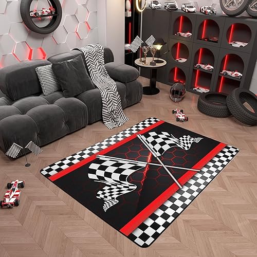 Miniatura 24 de Alfombra decorativa de coche de carreras de 5 x 6 pies 6 pulgadas, alfombra de motocross para interiores para sala de juegos, mesita de noche, sofá,