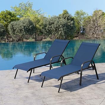 Chaise Lounge Chair Outdoor, Pool Chairs Set of 2 with Armrests Navy Blue | 5-Position Adjustable Backrest, Sturdy Metal Frame and All Weather Textilene Fabric for Patio, Beach, Yard
