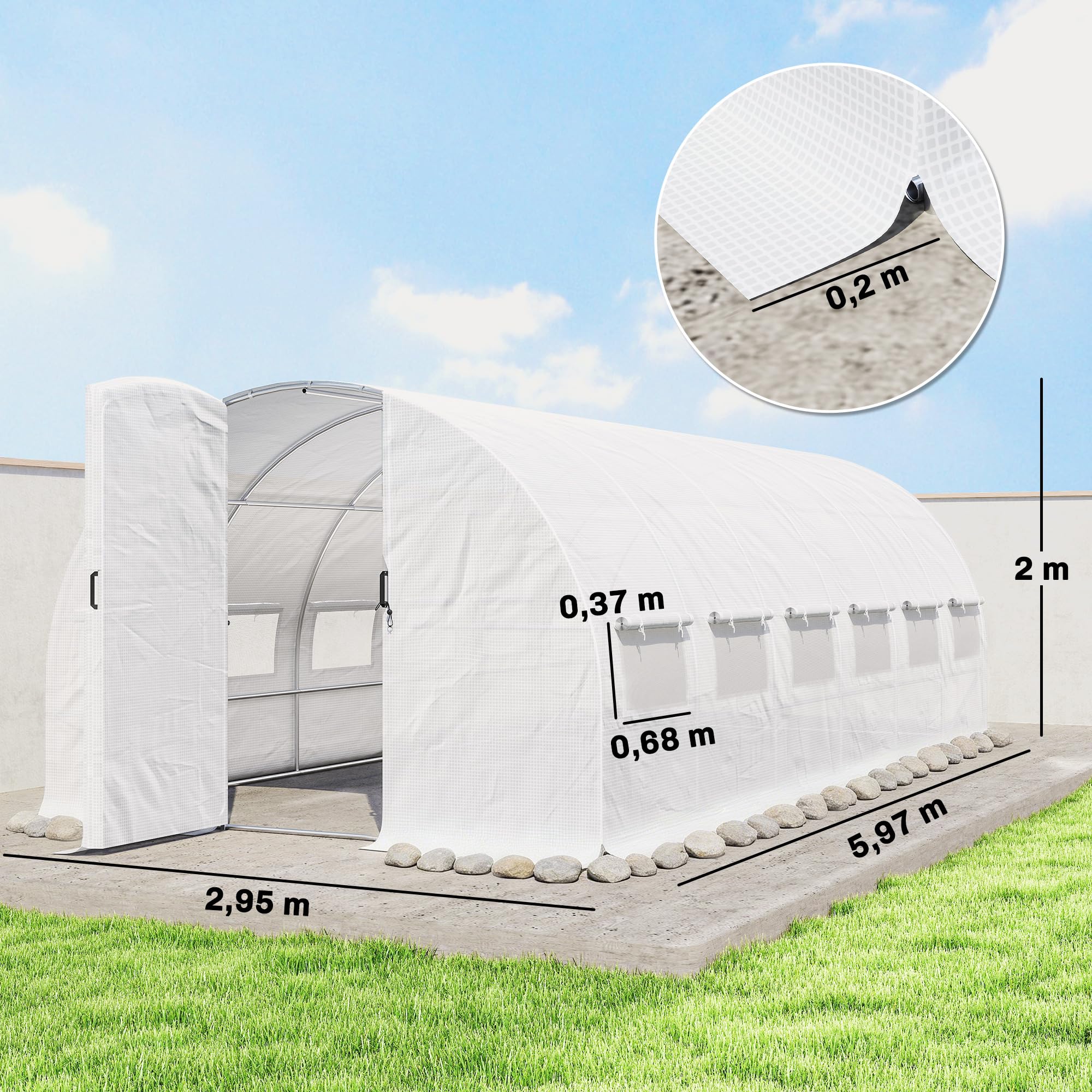 Outsunny Invernadero de Exterior 6x3x2 m, Invernadero de Túnel con Puerta con Bisagras, Ventanas de Malla, Cubierta PE 140g/m² y Marco de Acero Galvanizado, Anti-UV, Impermeable, para Cultivos, Blanco